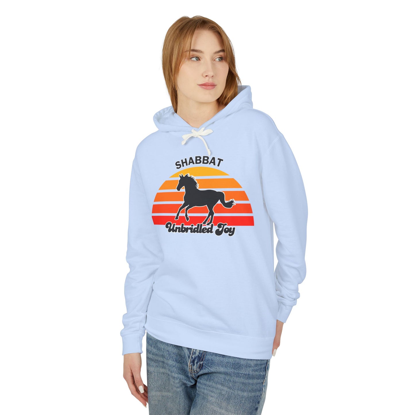 Shabbat Unbridled Joy Hoodie — Retro Sunset Horse Hooded Sweatshirt