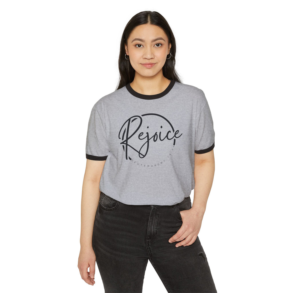 Rejoice Script Ringer Tee — Inspirational Torah Inspired Biblical Feast Graphic T-Shirt