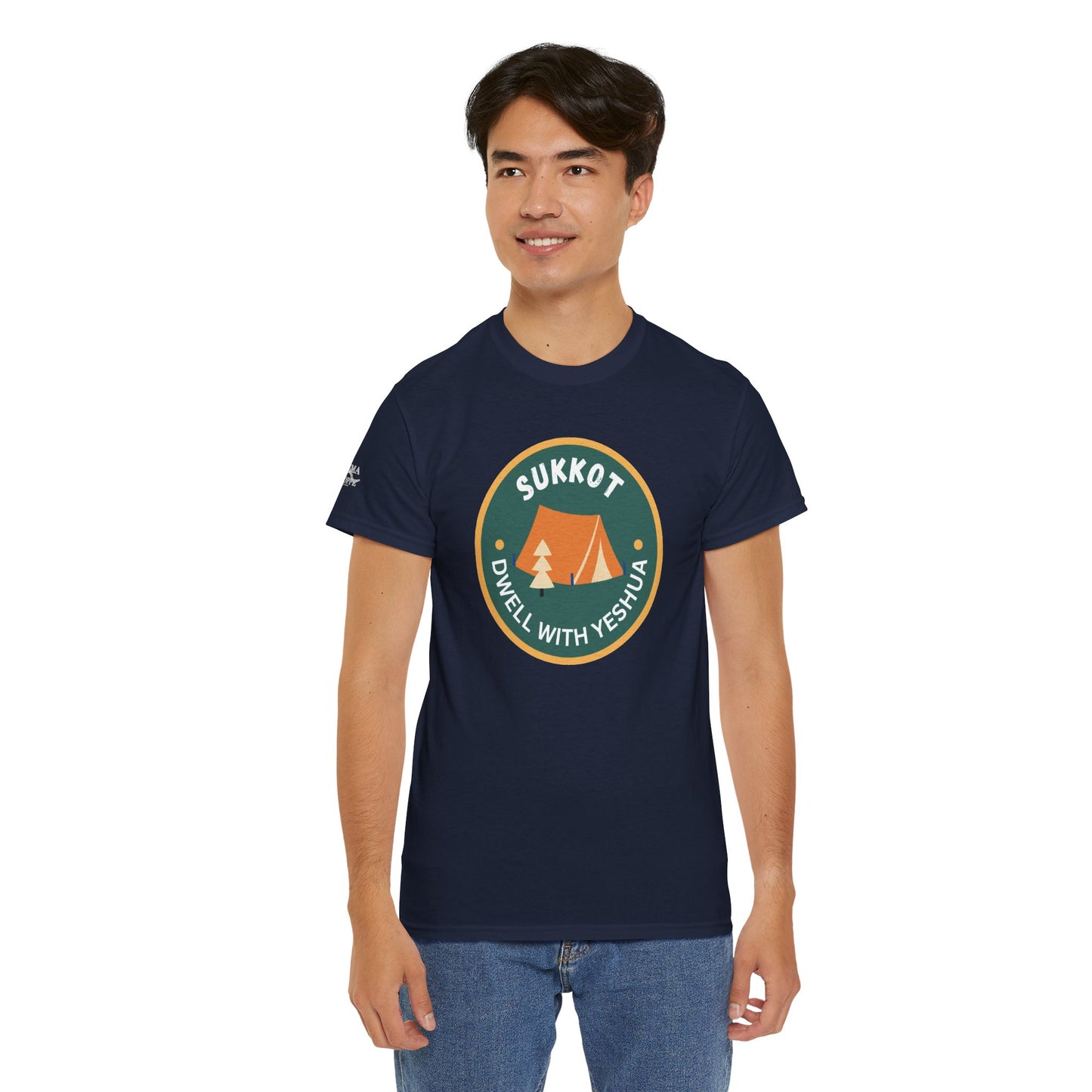 Sukkot Camping Tee — “Dwell With Yeshua” Biblical Feast T‑Shirt