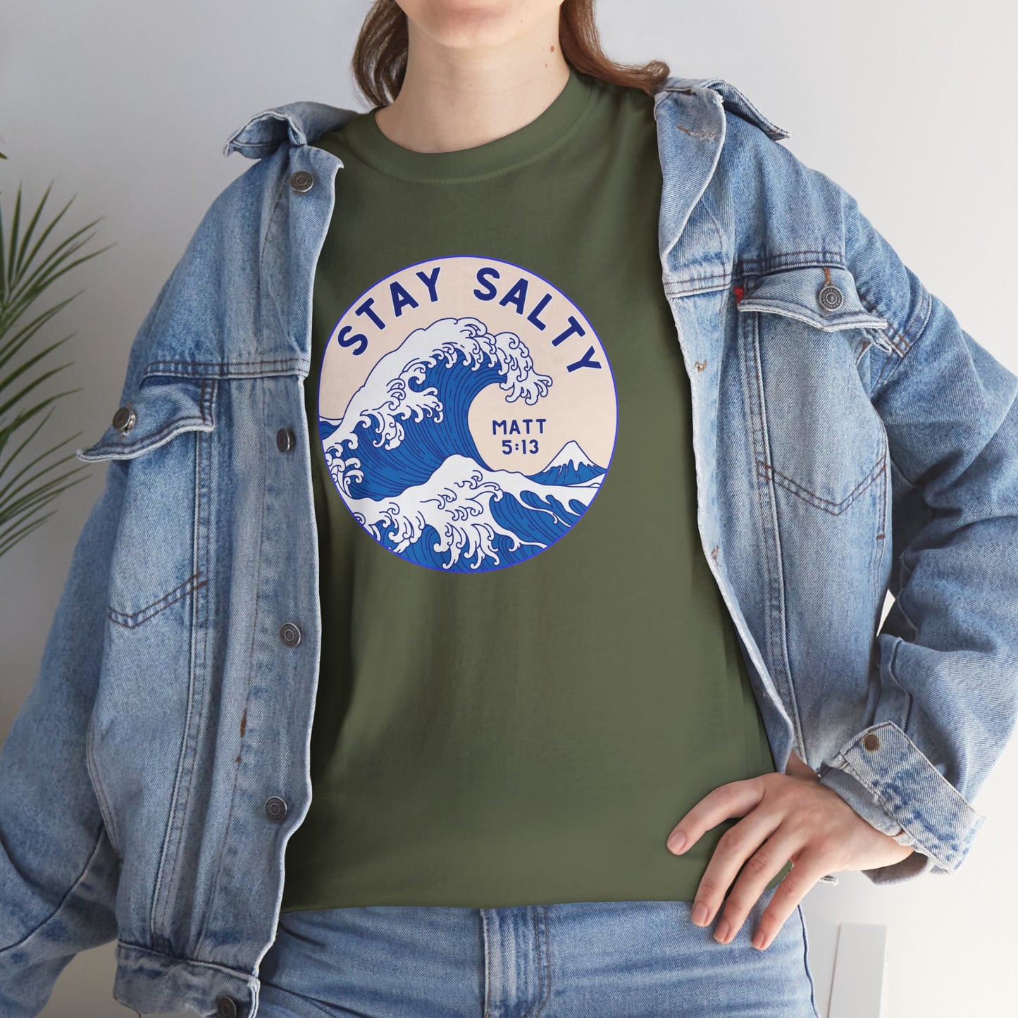 Stay Salty Surf T-Shirt — Coastal Wave Graphic with Matthew 5:13 (Hokusai-Inspired)