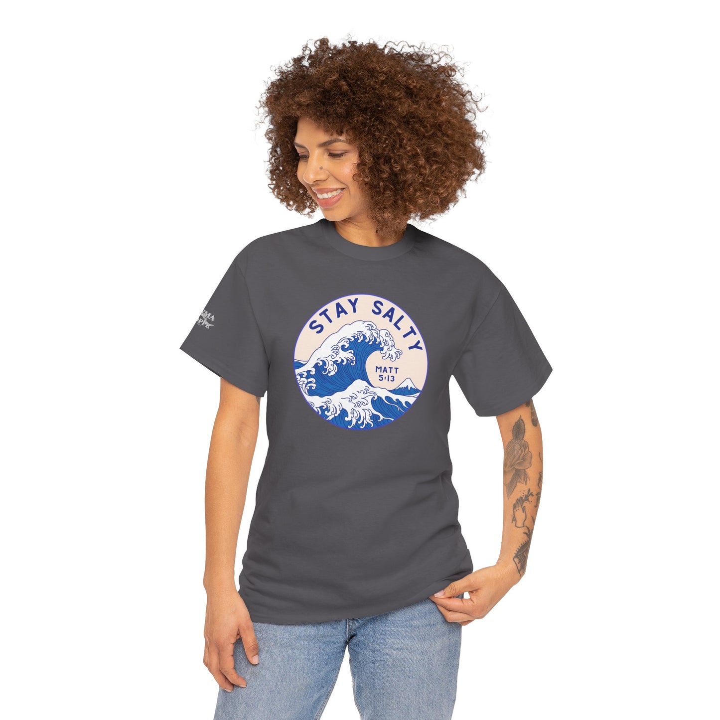 Stay Salty Surf T-Shirt — Coastal Wave Graphic with Matthew 5:13 (Hokusai-Inspired)