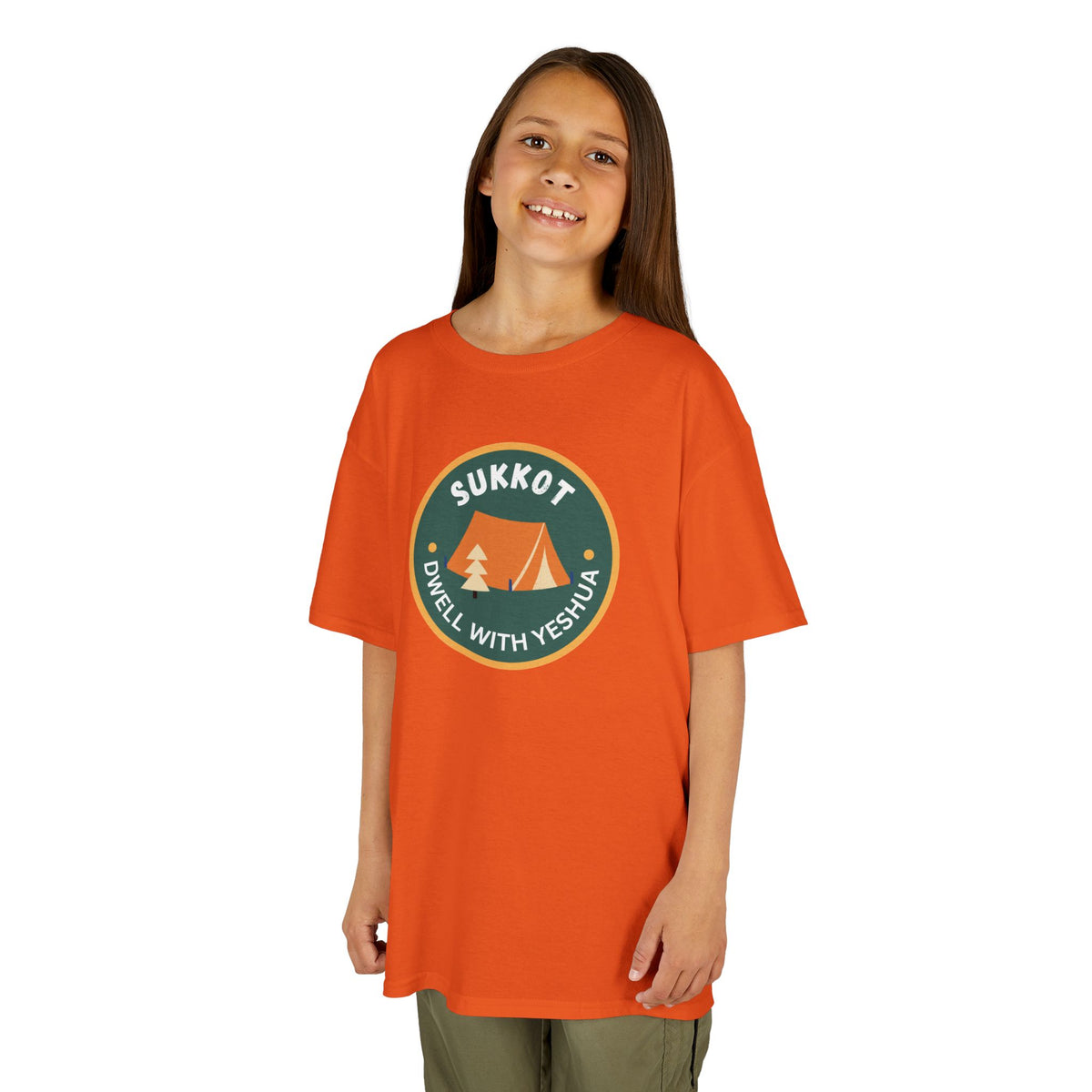 Kids Sukkot Tee — 'Sukkot - Dwell with Yeshua' Camping Badge Shirt