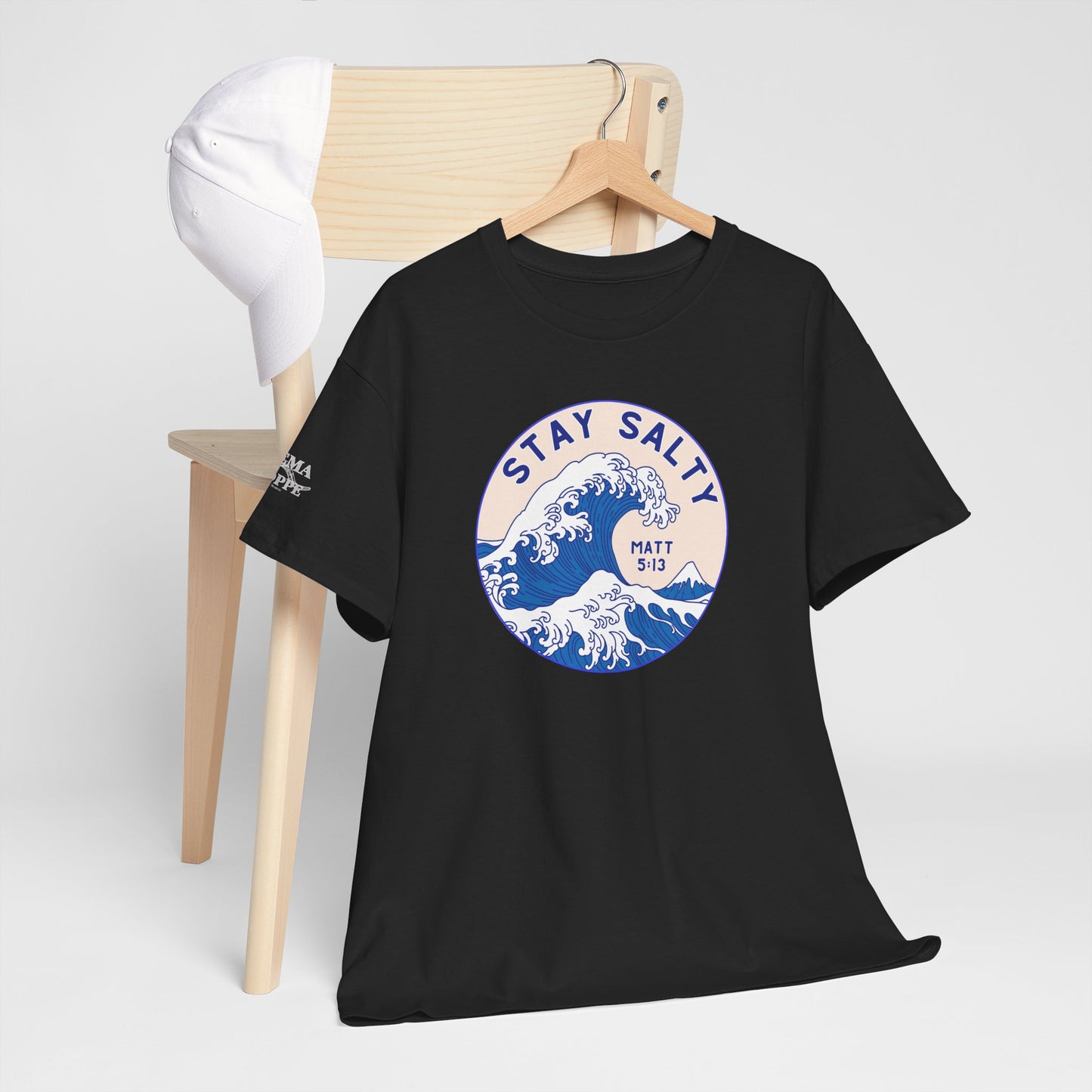 Stay Salty Surf T-Shirt — Coastal Wave Graphic with Matthew 5:13 (Hokusai-Inspired)