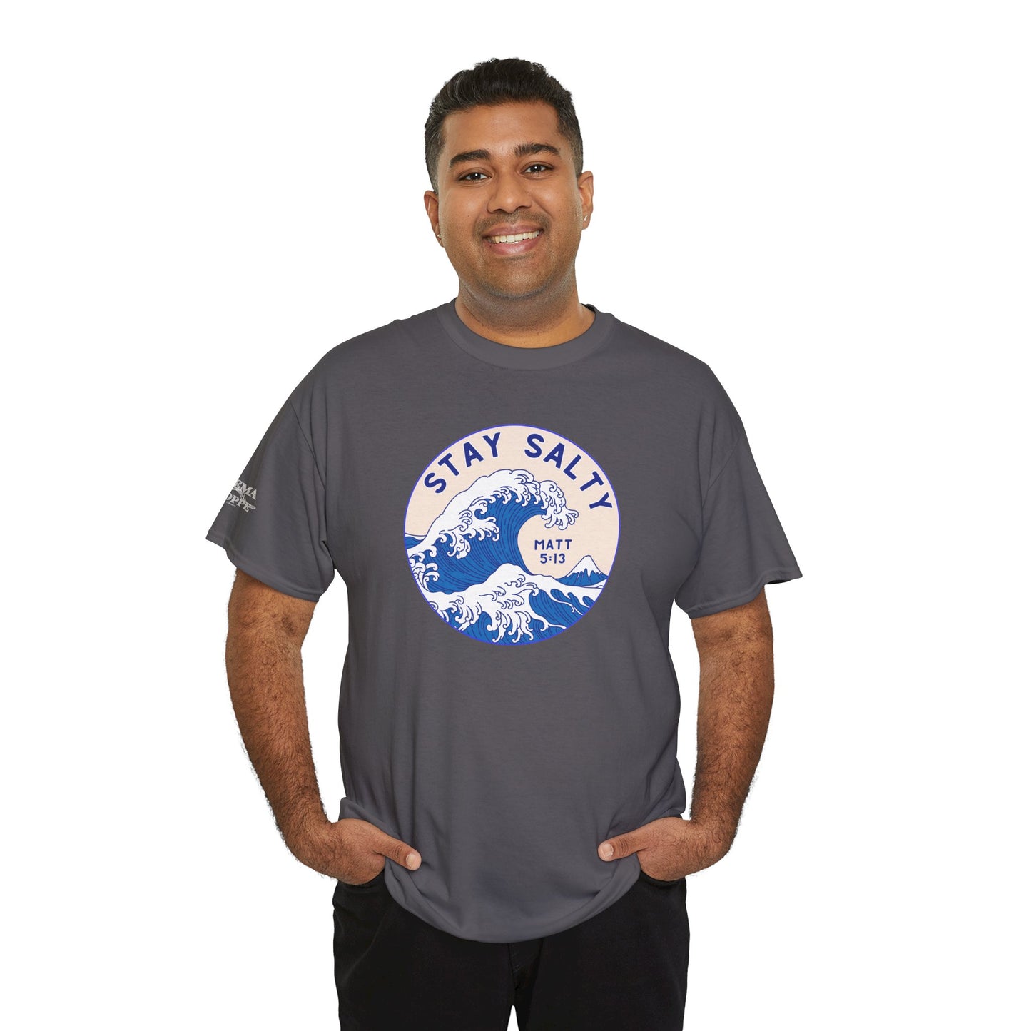 Stay Salty Surf T-Shirt — Coastal Wave Graphic with Matthew 5:13 (Hokusai-Inspired)