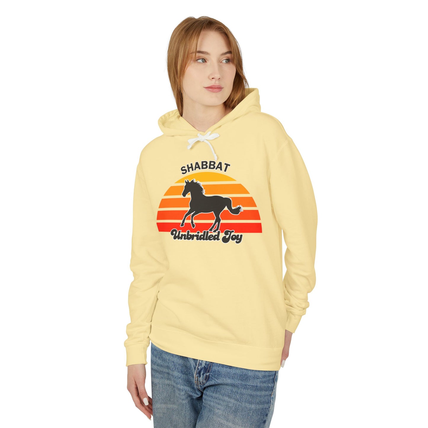 Shabbat Unbridled Joy Hoodie — Retro Sunset Horse Hooded Sweatshirt