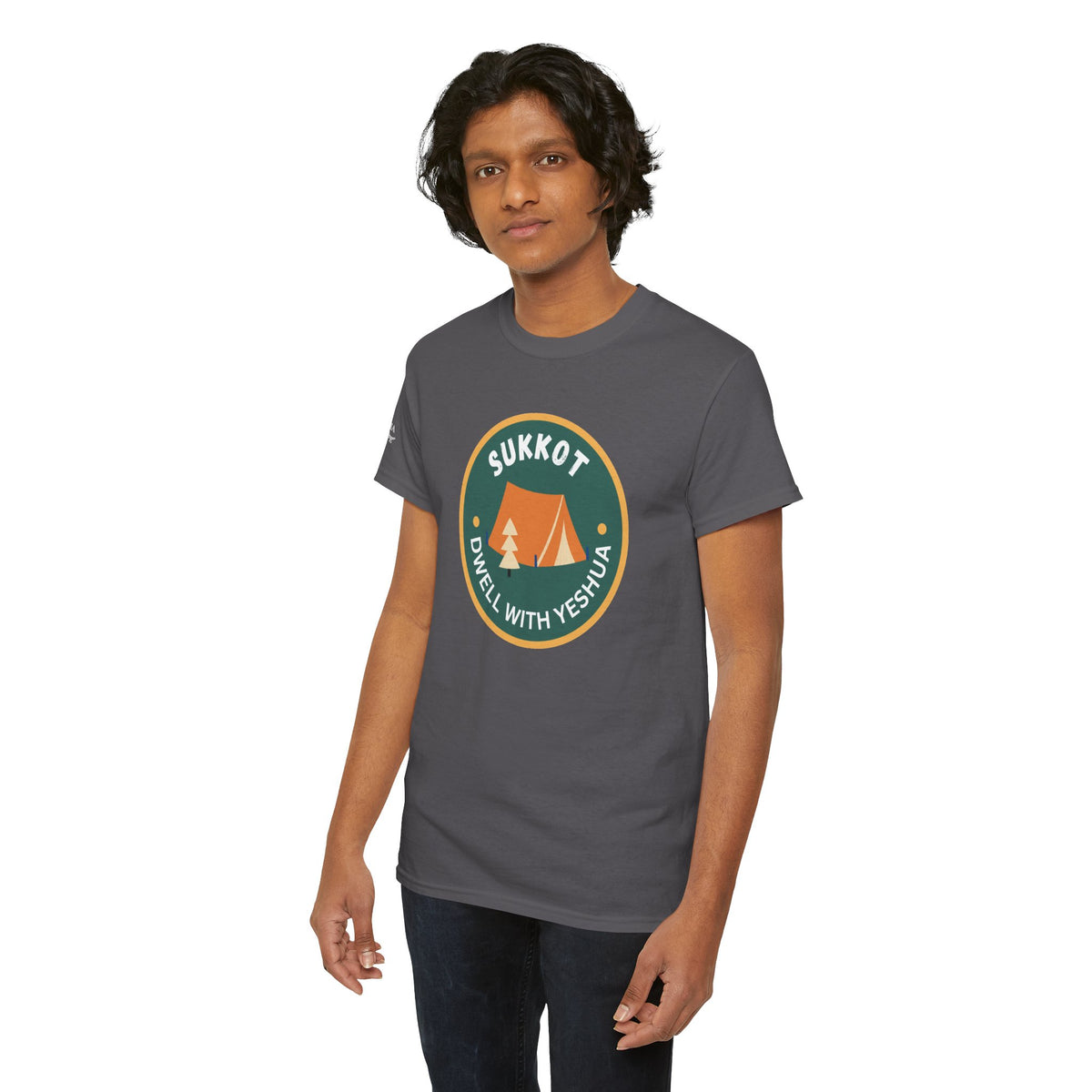 Sukkot Camping Tee — “Dwell With Yeshua” Biblical Feast T‑Shirt