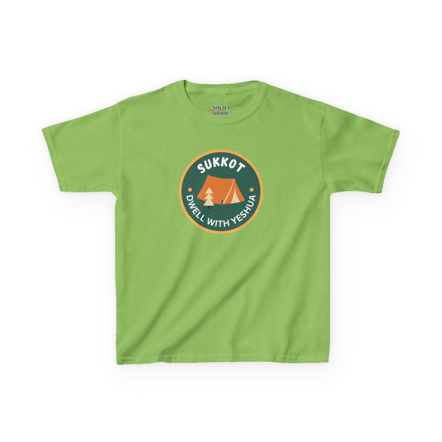 Kids Sukkot Tee — 'Sukkot - Dwell with Yeshua' Camping Badge Shirt