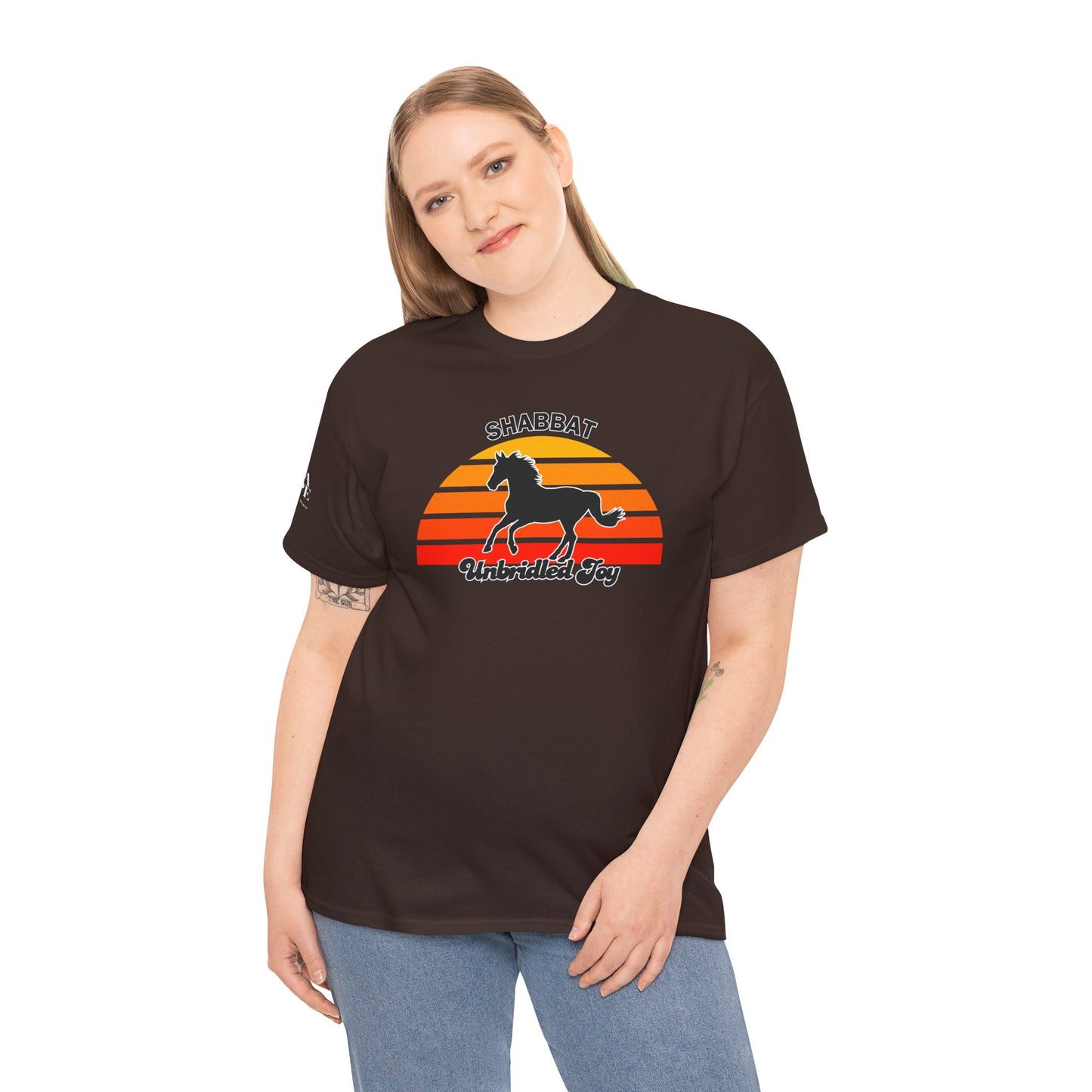 Shabbat Unbridled Joy Tee — Retro Horse Sabbath Sunset T‑Shirt