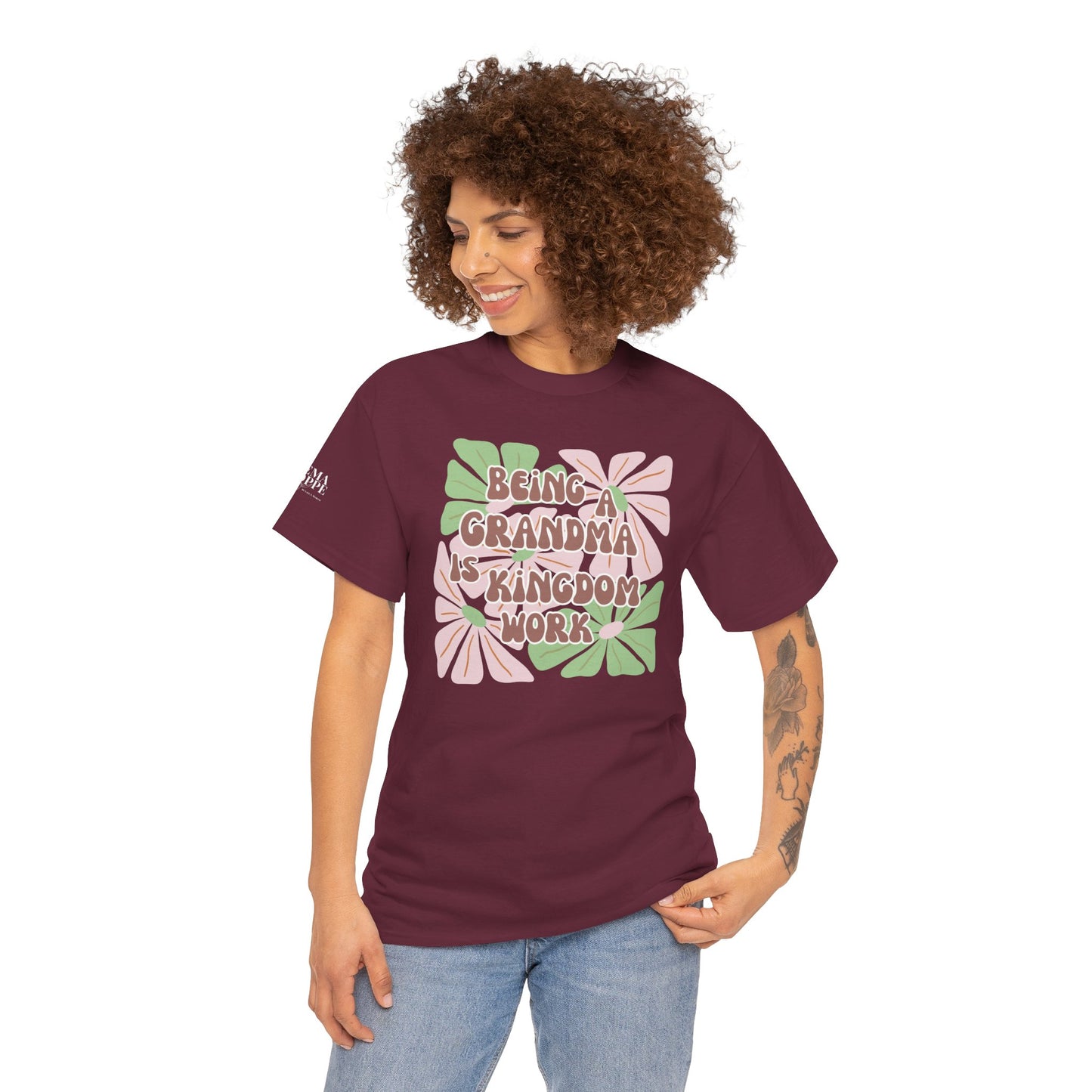 Being A Grandma Is Kingdom Work T-Shirt — Floral Retro Grandmother Appreciation Gift