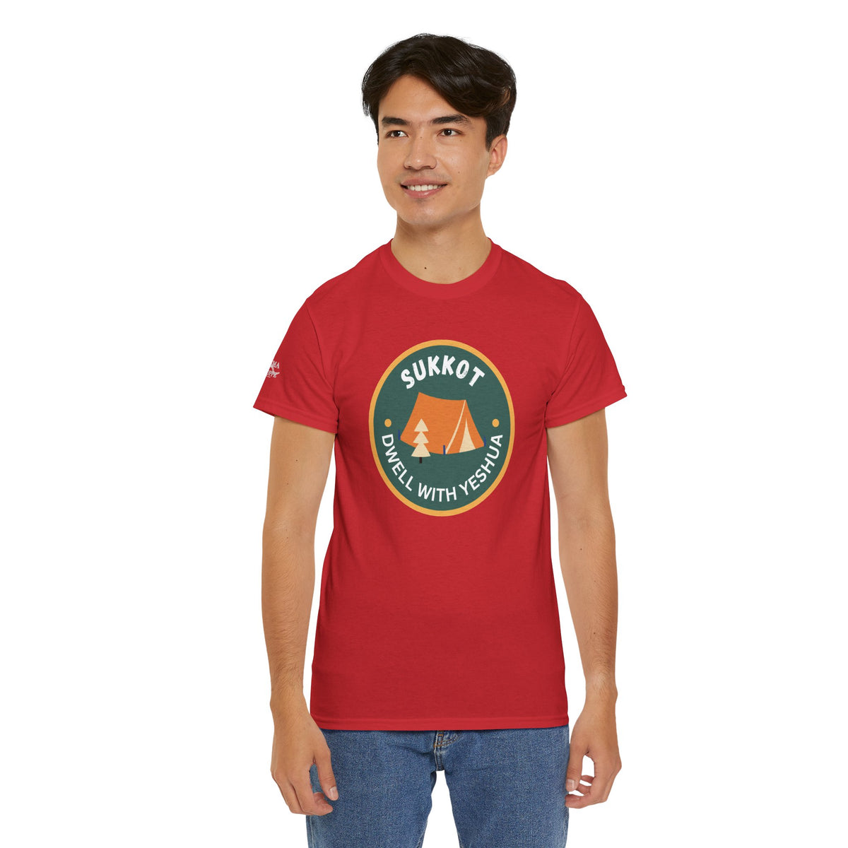 Sukkot Camping Tee — “Dwell With Yeshua” Biblical Feast T‑Shirt