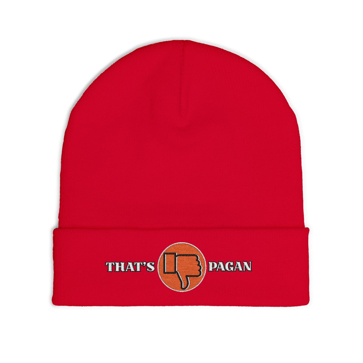 Embroidered 'That's Pagan' Knit Beanie — Thumbs Down Logo Winter Hat