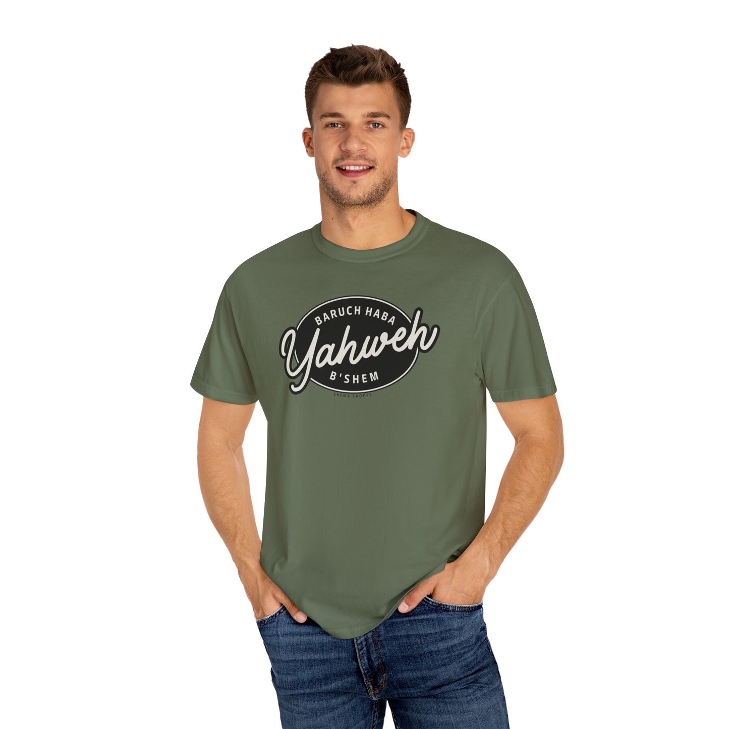 Cotton Tee Baruch Haba B'Shem Yahweh Unisex Garment-Dyed T-shirt