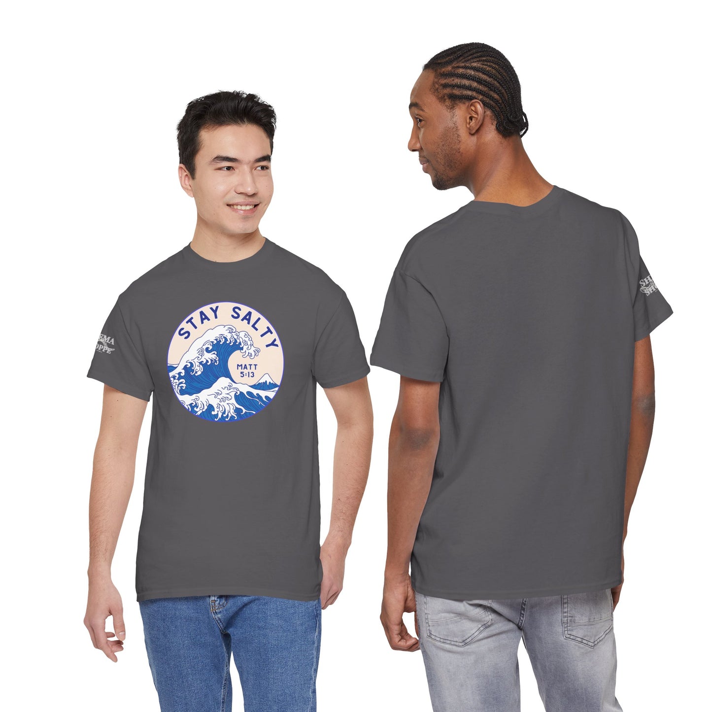 Stay Salty Surf T-Shirt — Coastal Wave Graphic with Matthew 5:13 (Hokusai-Inspired)