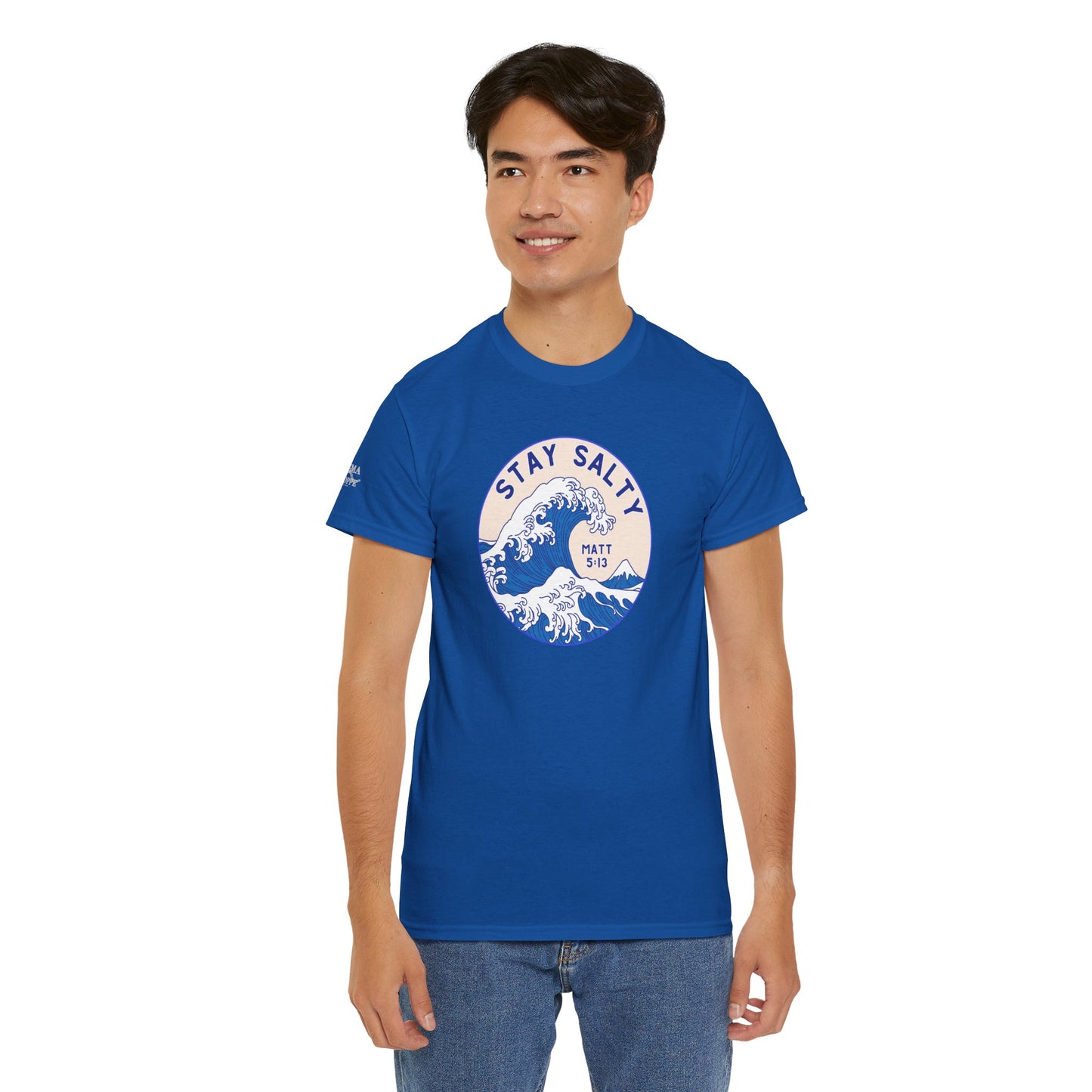 Stay Salty Surf T-Shirt — Coastal Wave Graphic with Matthew 5:13 (Hokusai-Inspired)