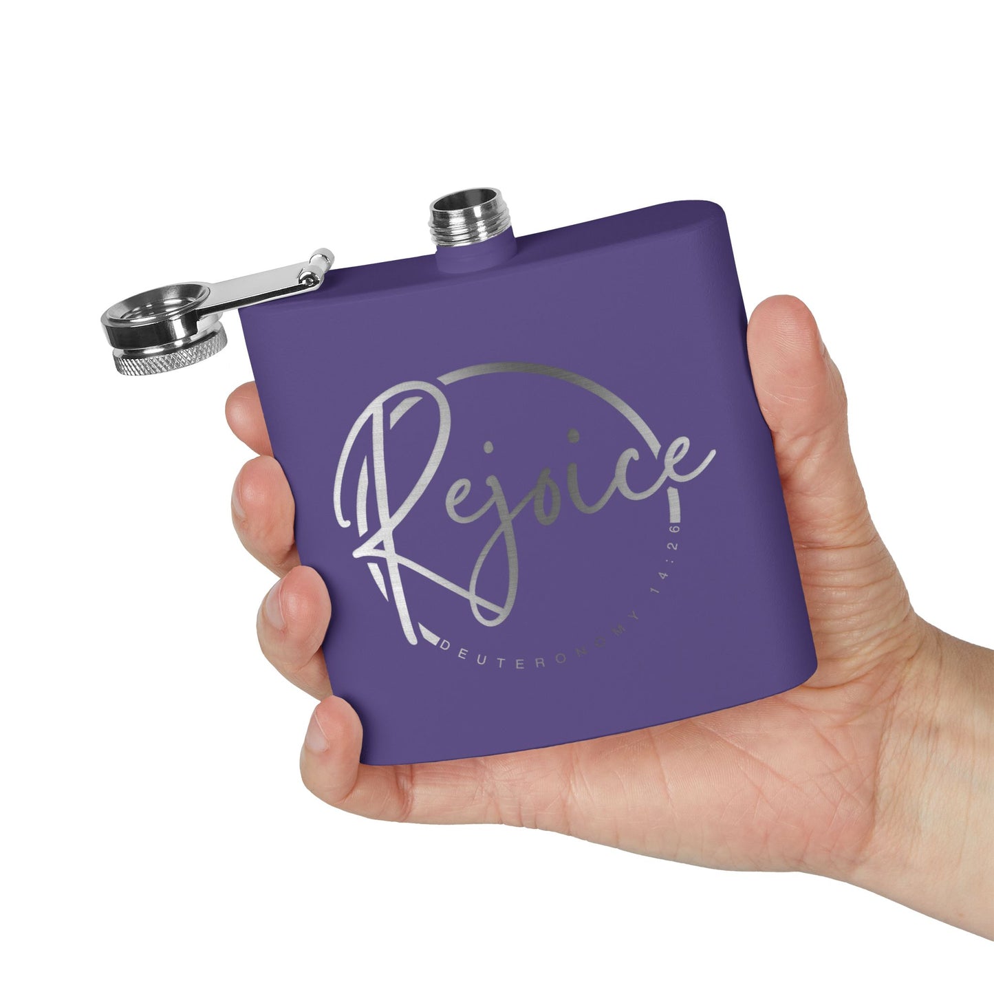 Rejoice Stainless Steel Flask — 6oz Inspirational Biblical Feasts Hip Flask (Deuteronomy 12:7)