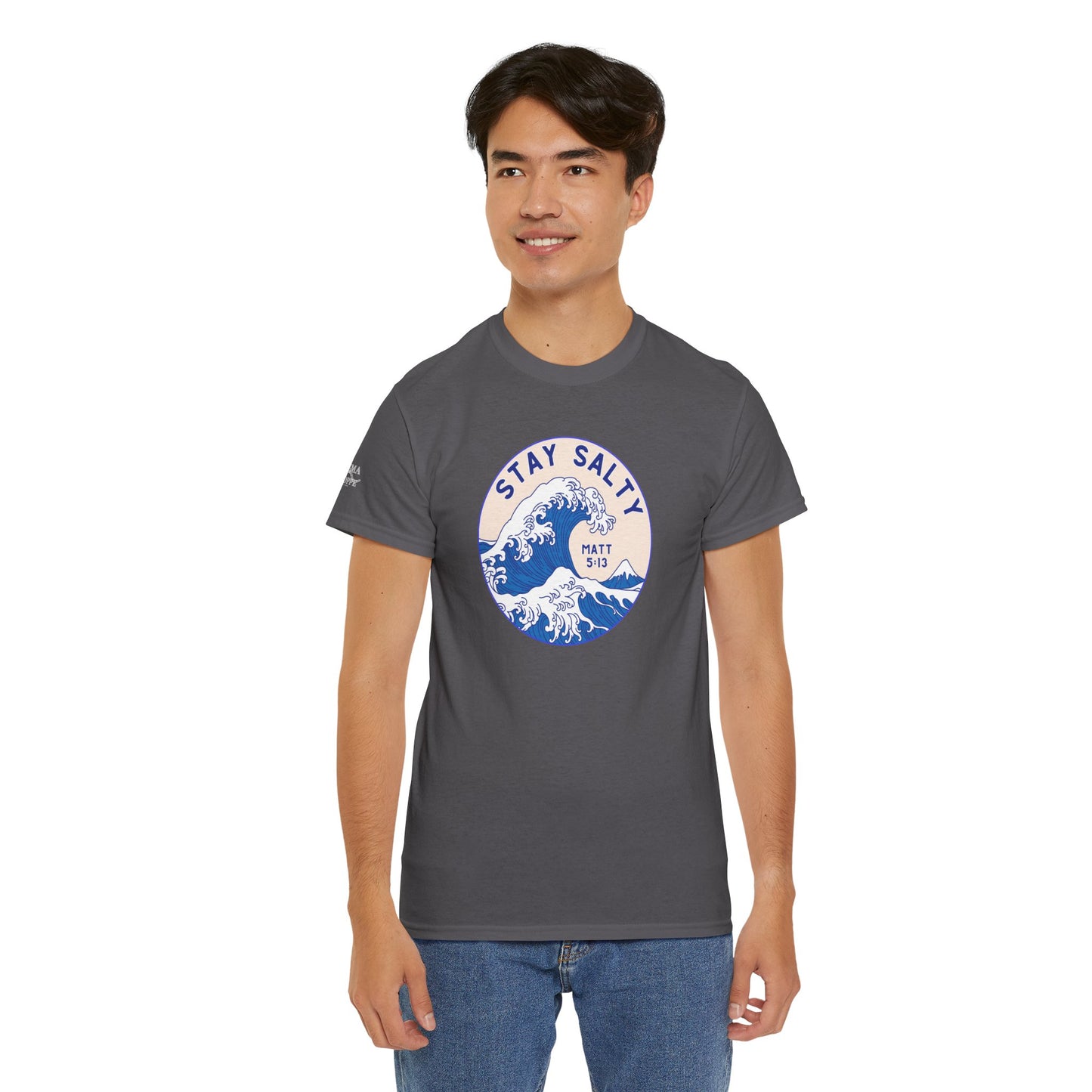 Stay Salty Surf T-Shirt — Coastal Wave Graphic with Matthew 5:13 (Hokusai-Inspired)