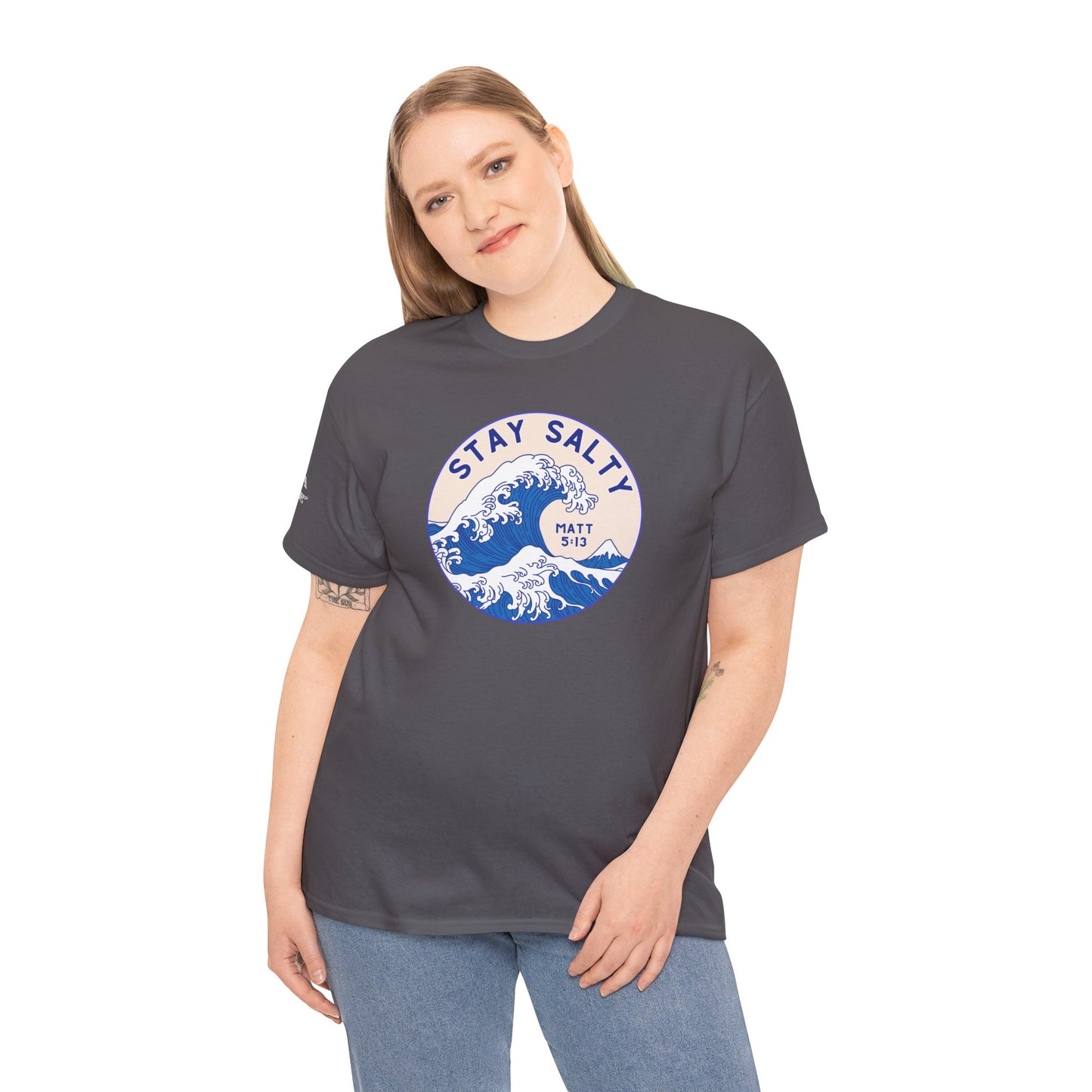 Stay Salty Surf T-Shirt — Coastal Wave Graphic with Matthew 5:13 (Hokusai-Inspired)