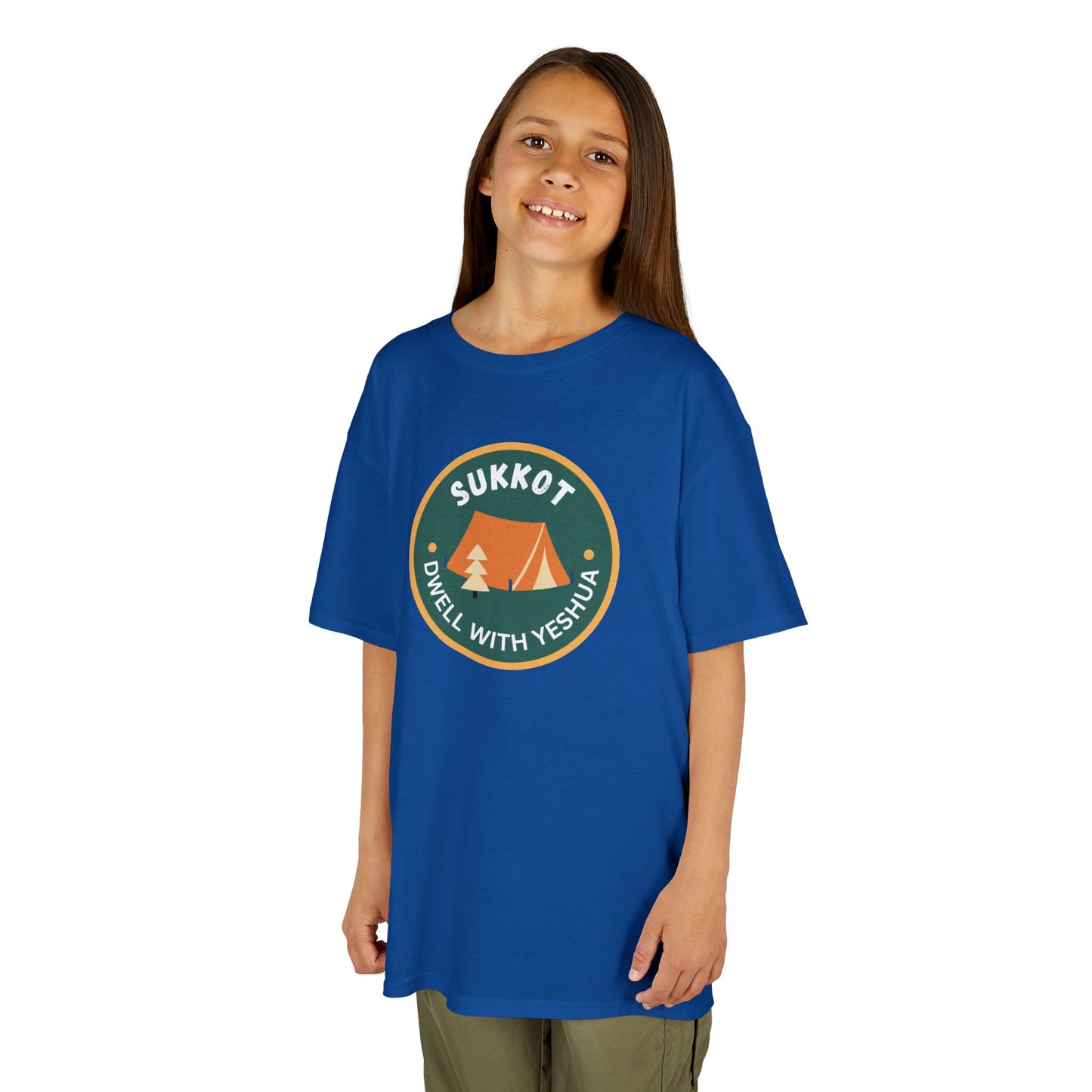 Kids Sukkot Tee — 'Sukkot - Dwell with Yeshua' Camping Badge Shirt