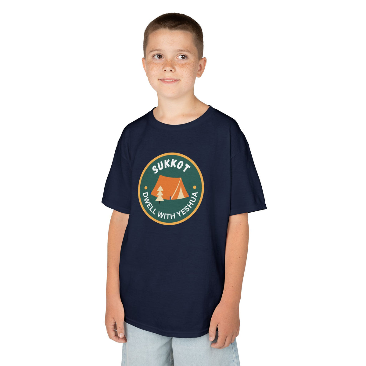 Kids Sukkot Tee — 'Sukkot - Dwell with Yeshua' Camping Badge Shirt