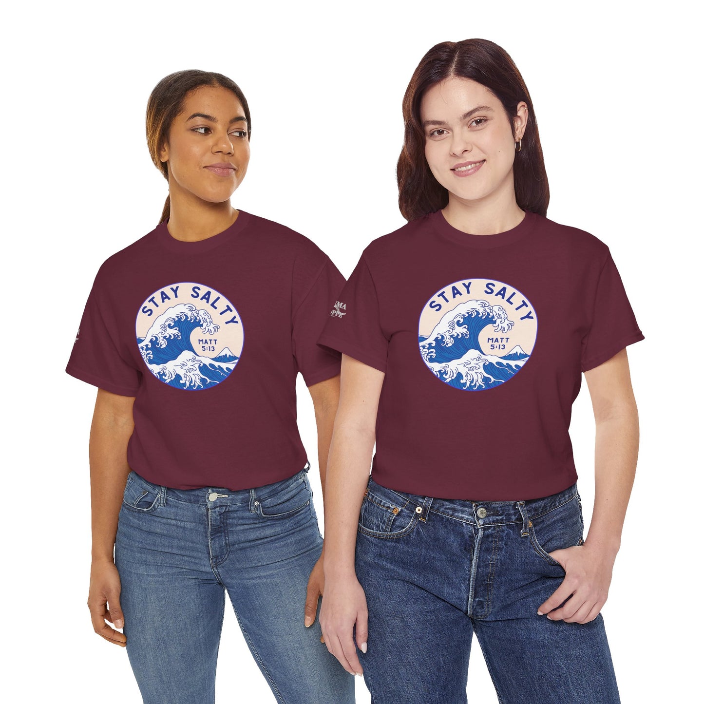 Stay Salty Surf T-Shirt — Coastal Wave Graphic with Matthew 5:13 (Hokusai-Inspired)
