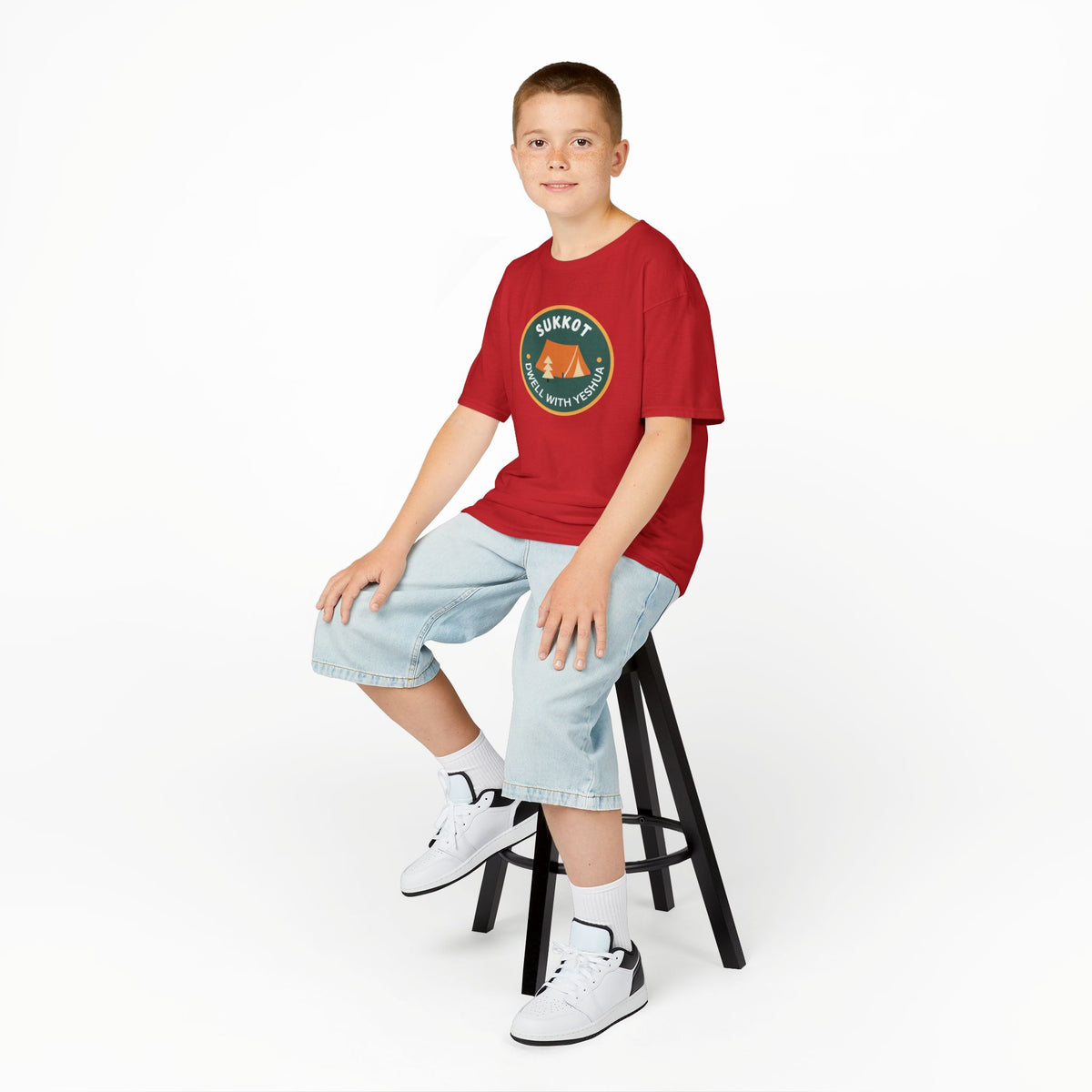 Kids Sukkot Tee — 'Sukkot - Dwell with Yeshua' Camping Badge Shirt