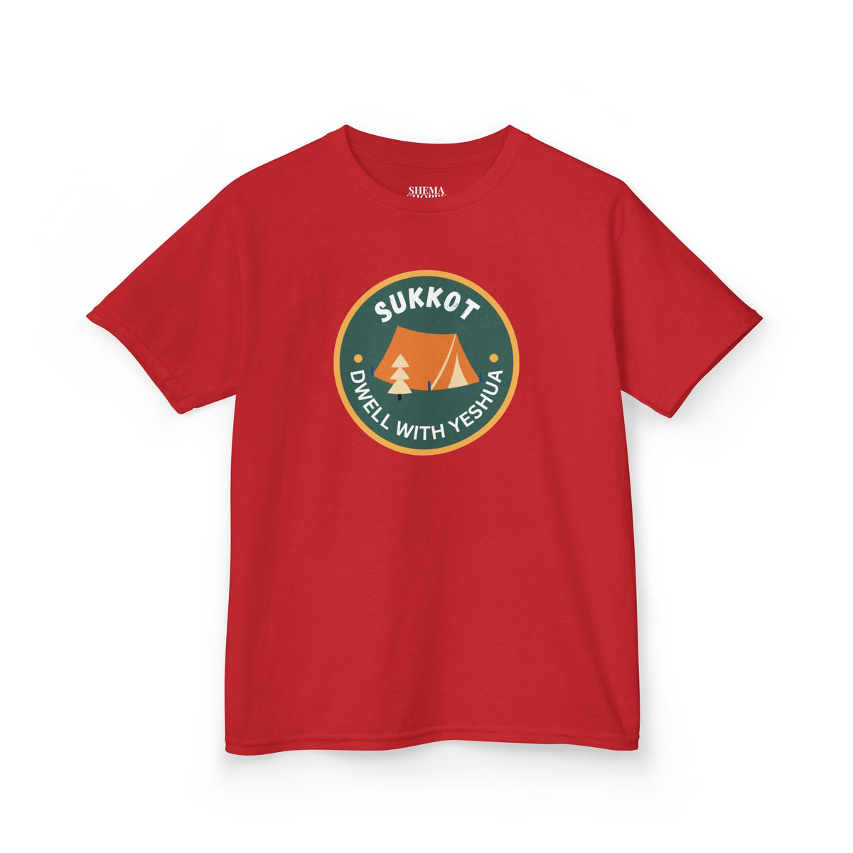Kids Sukkot Tee — 'Sukkot - Dwell with Yeshua' Camping Badge Shirt