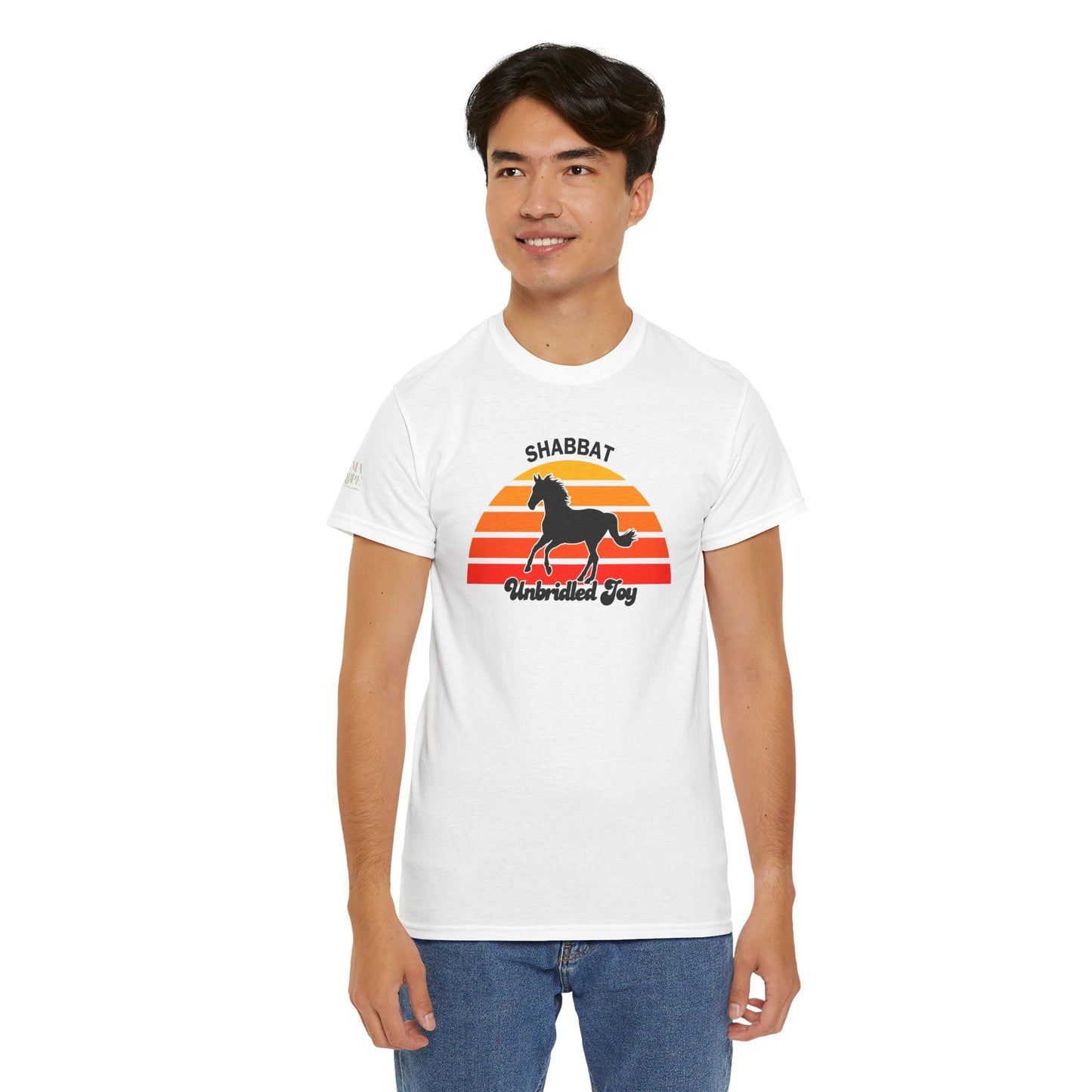 Shabbat Unbridled Joy Tee — Retro Horse Sabbath Sunset T‑Shirt