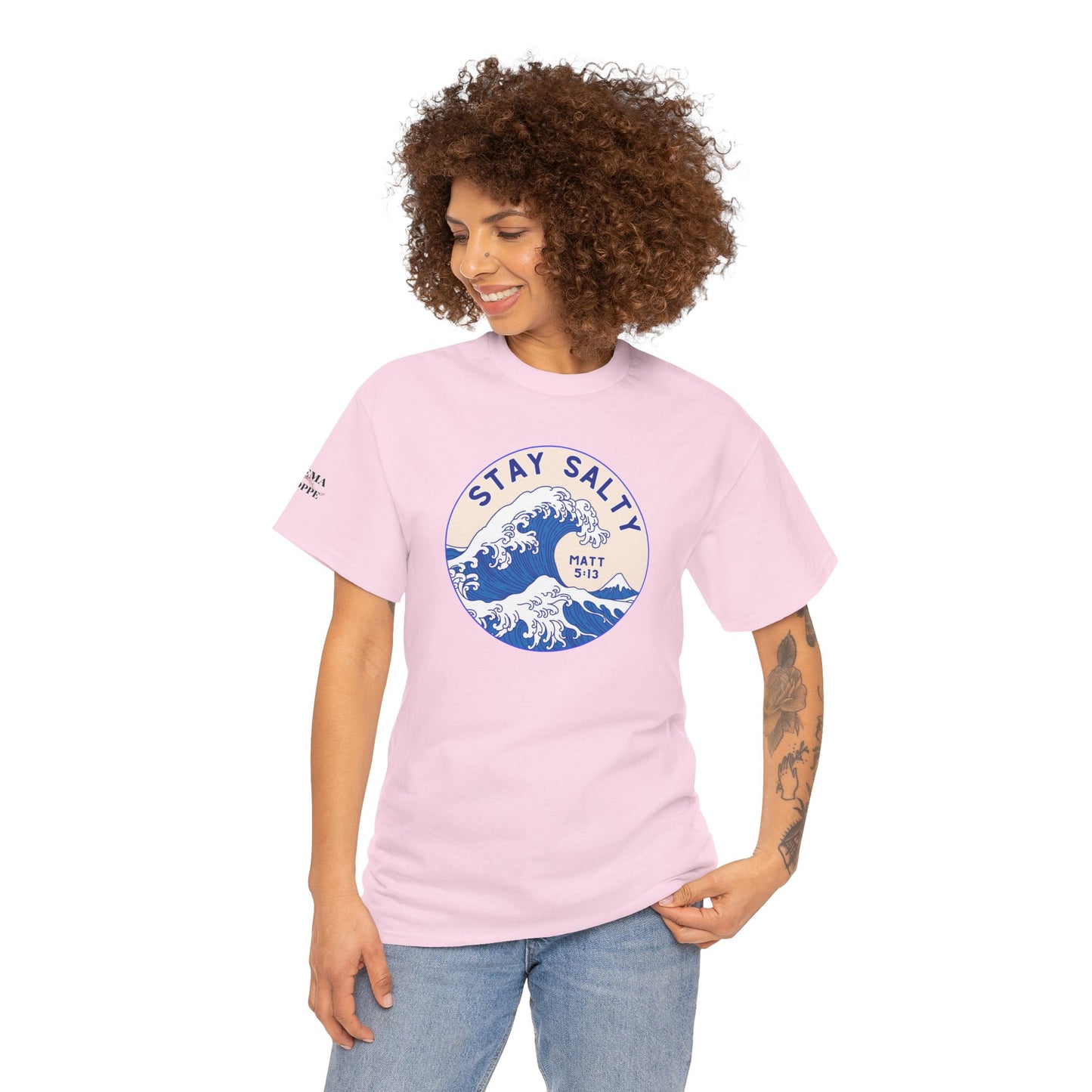 Stay Salty Surf T-Shirt — Coastal Wave Graphic with Matthew 5:13 (Hokusai-Inspired)