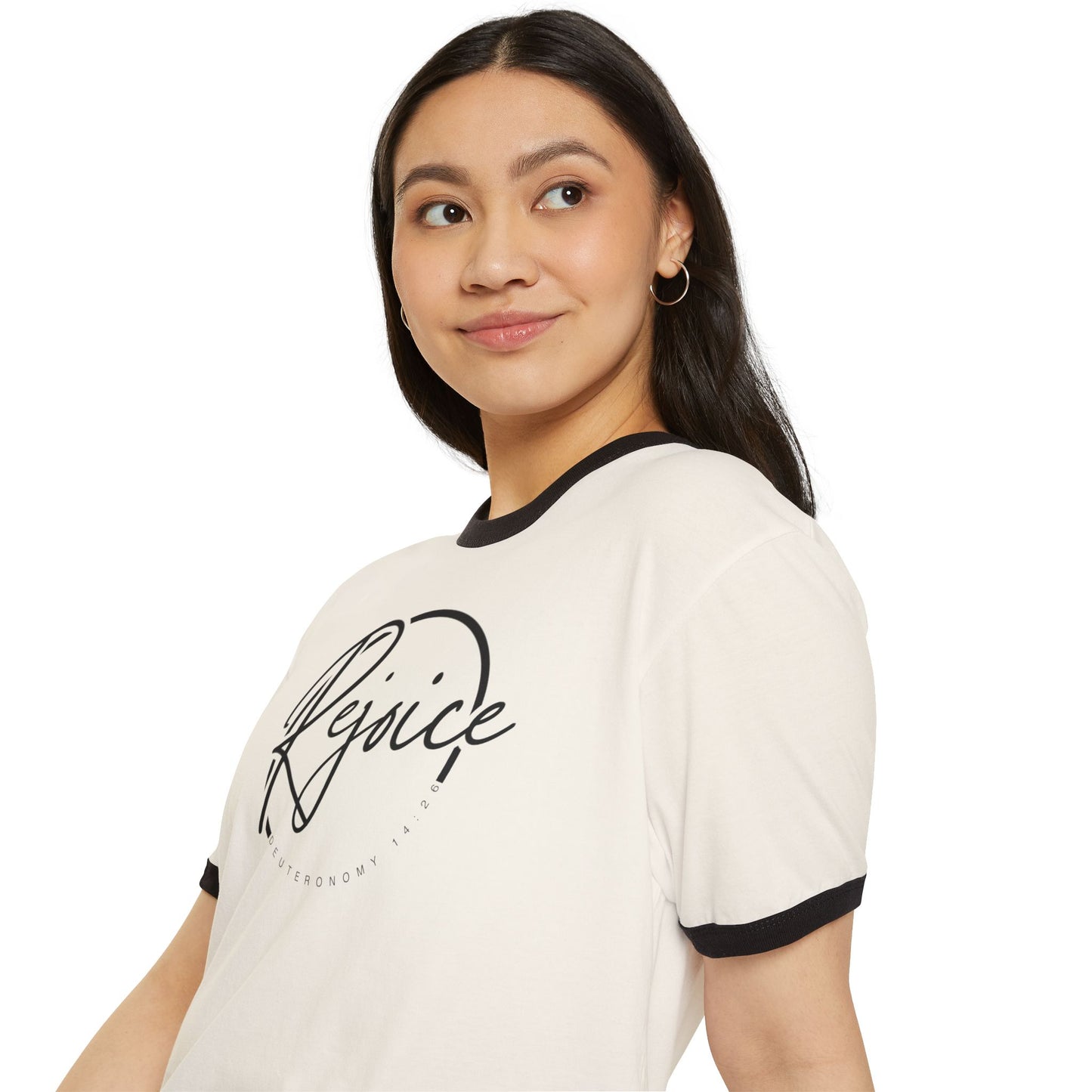 Rejoice Script Ringer Tee — Inspirational Torah Inspired Biblical Feast Graphic T-Shirt