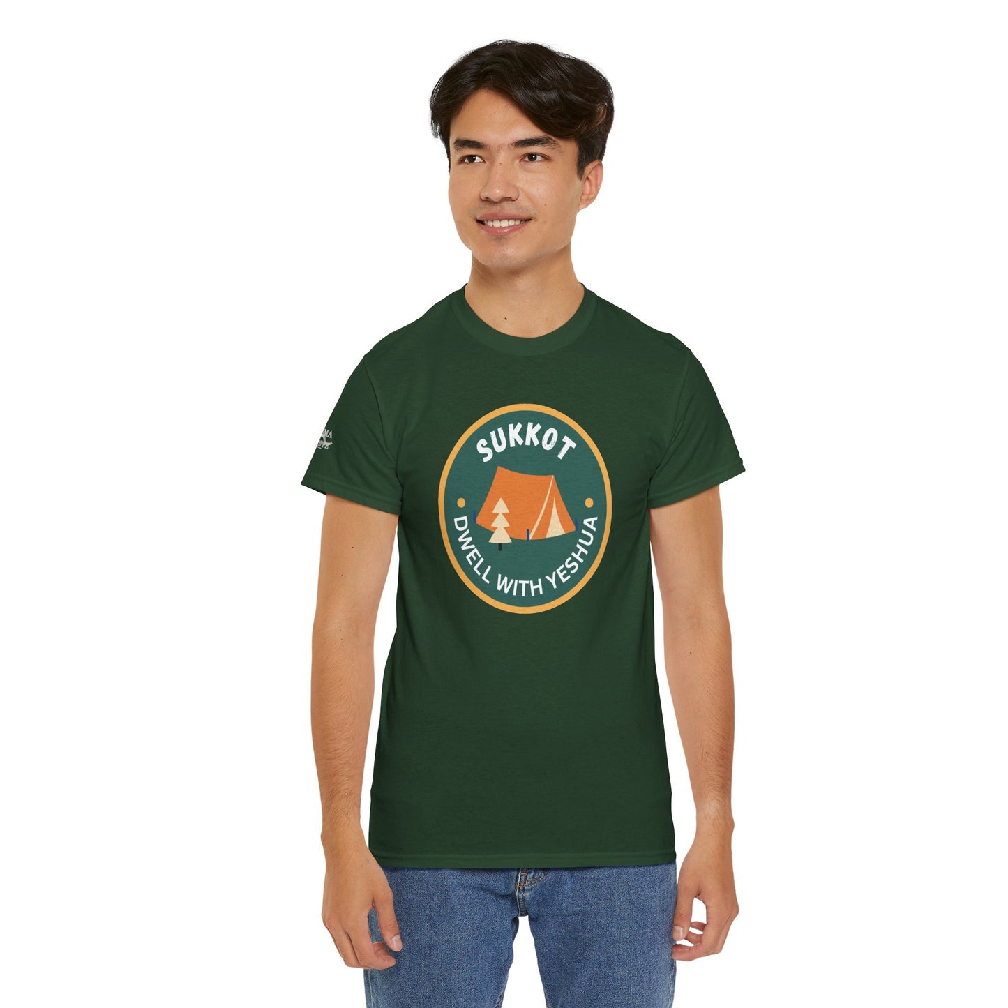 Sukkot Camping Tee — “Dwell With Yeshua” Biblical Feast T‑Shirt