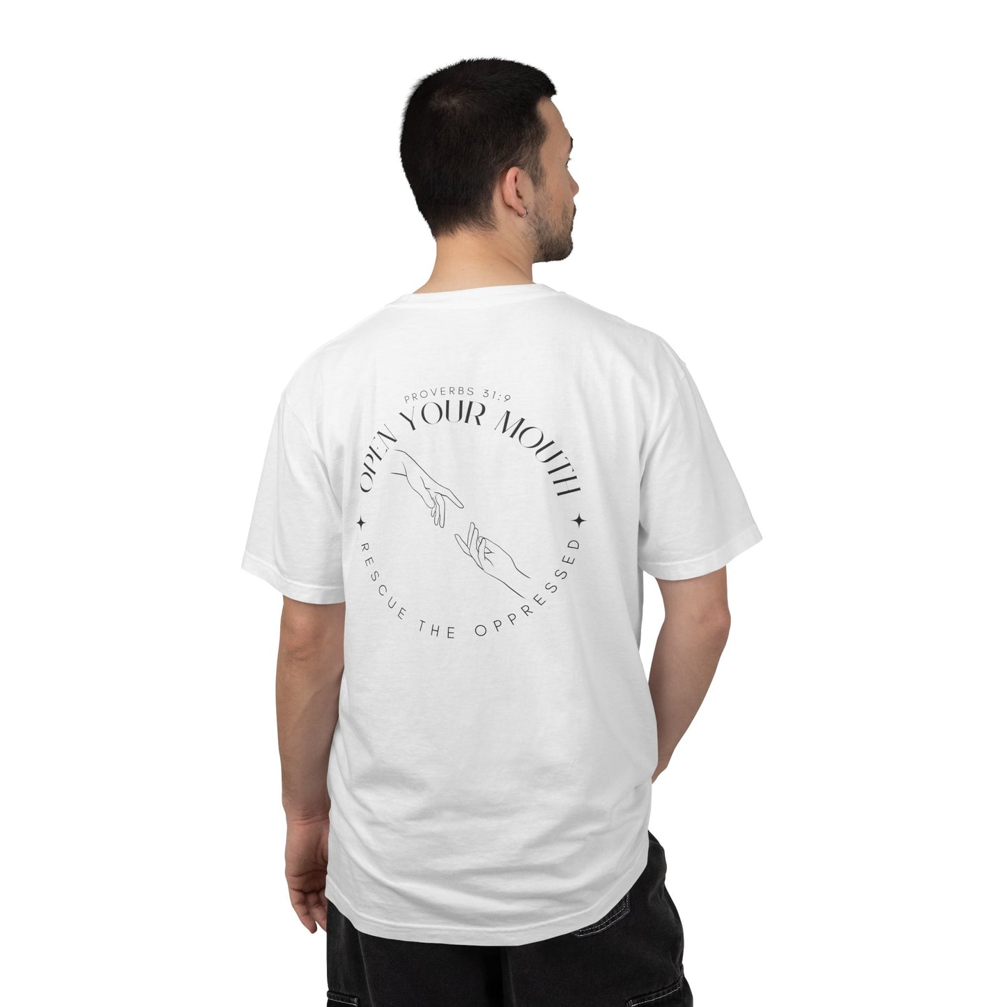Open your Mouth Garment-Dyed T-Shirt — Rescue the Oppressed Back Print