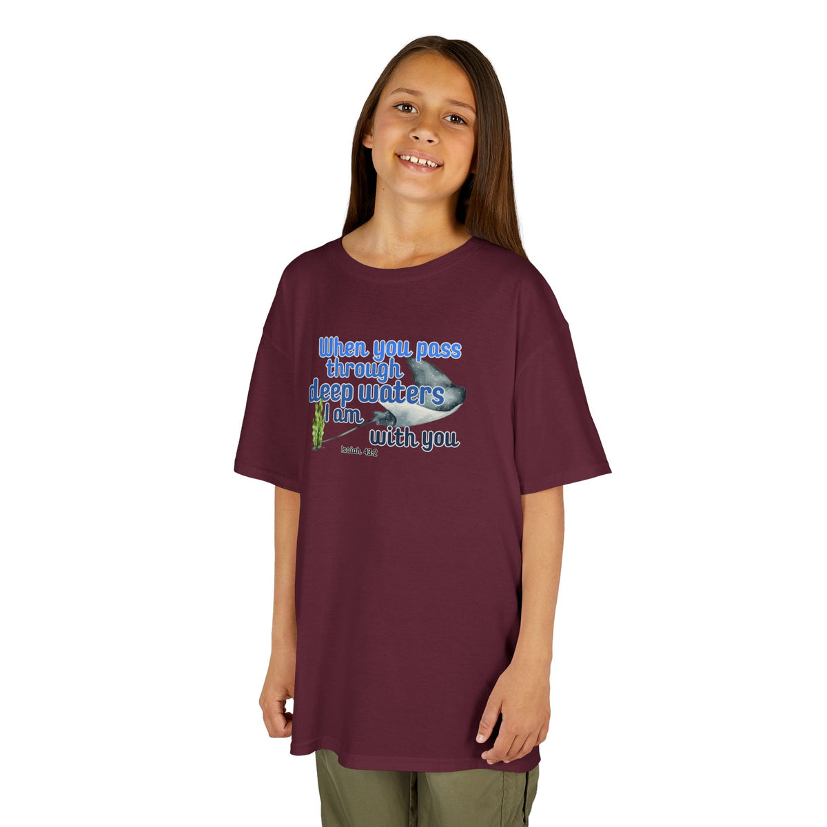 "When you pass through deep waters I am with you" Stingray Bible Verse Shirt Kid's Shirt