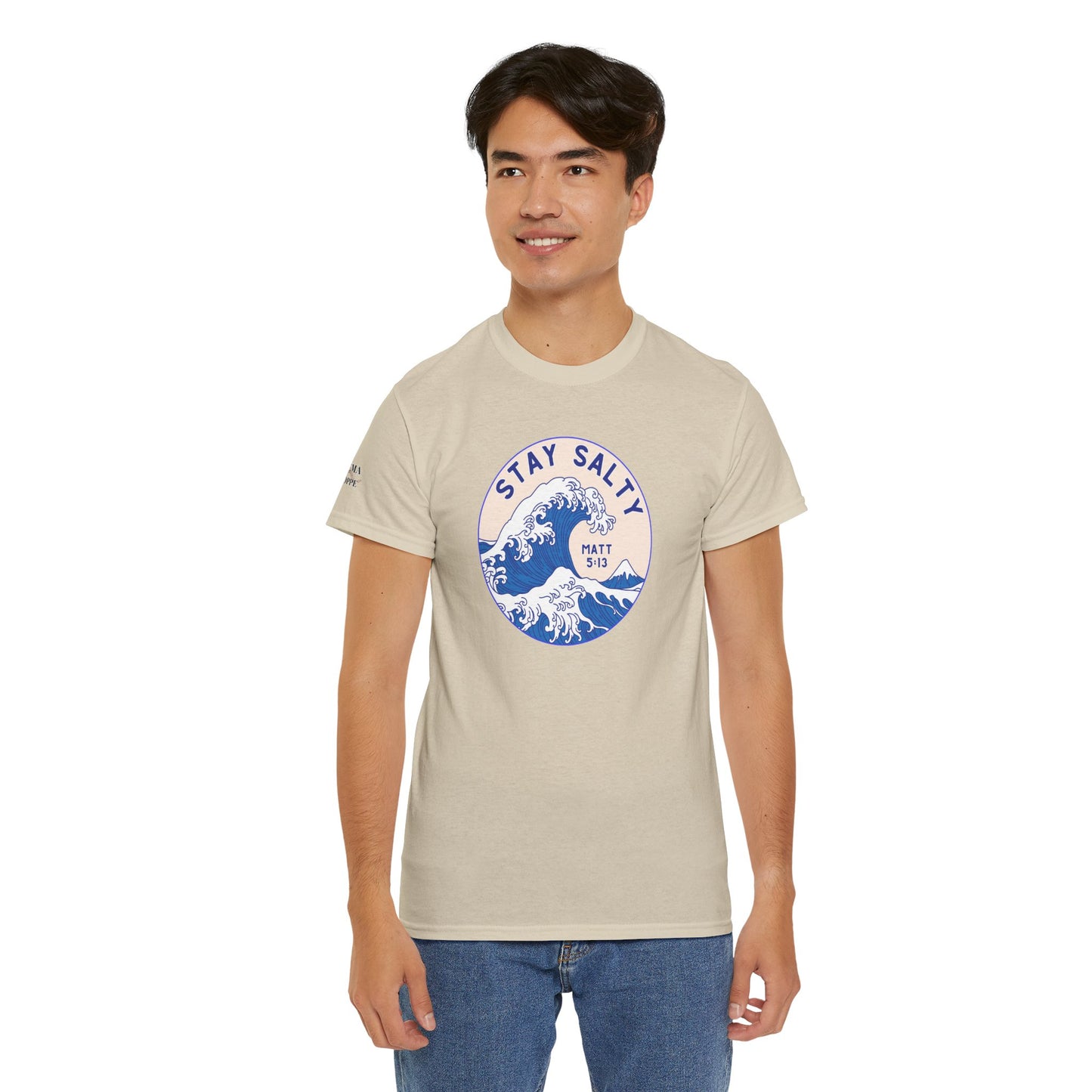 Stay Salty Surf T-Shirt — Coastal Wave Graphic with Matthew 5:13 (Hokusai-Inspired)