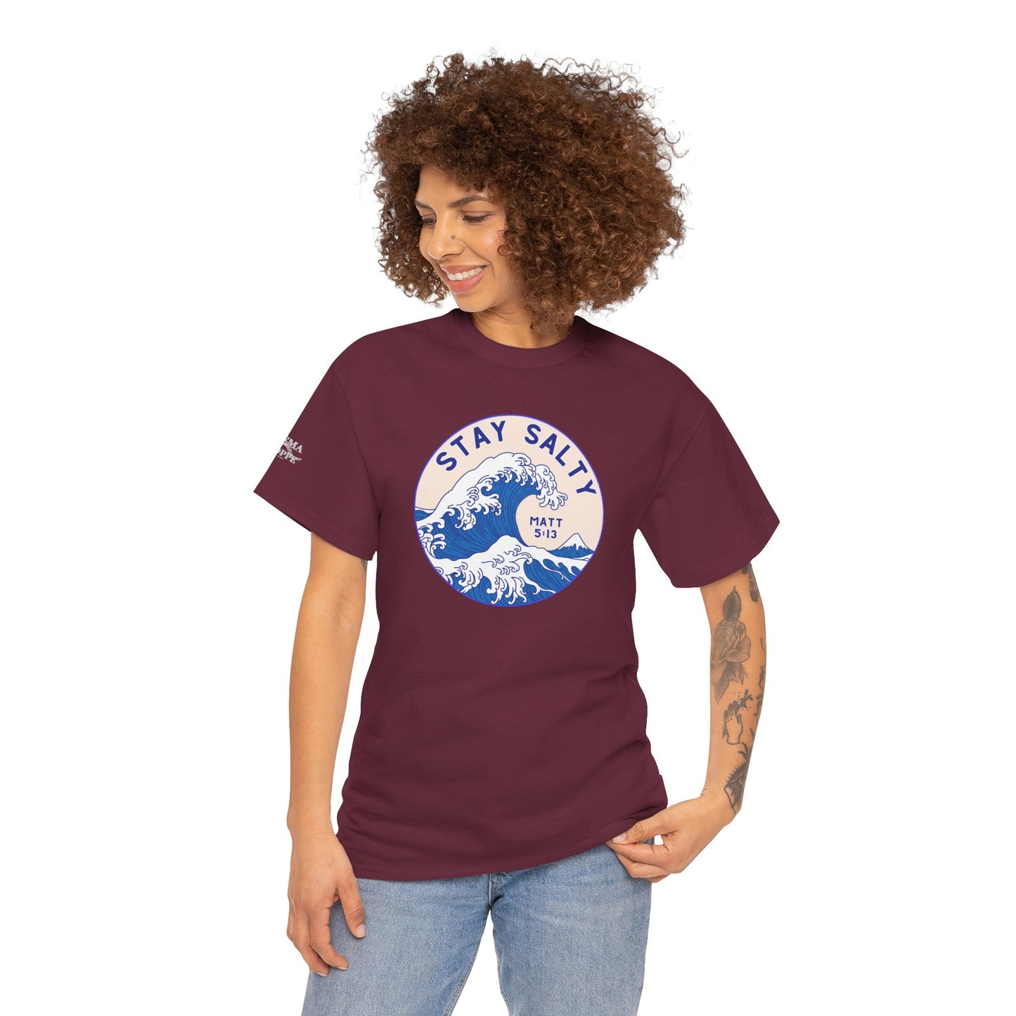 Stay Salty Surf T-Shirt — Coastal Wave Graphic with Matthew 5:13 (Hokusai-Inspired)