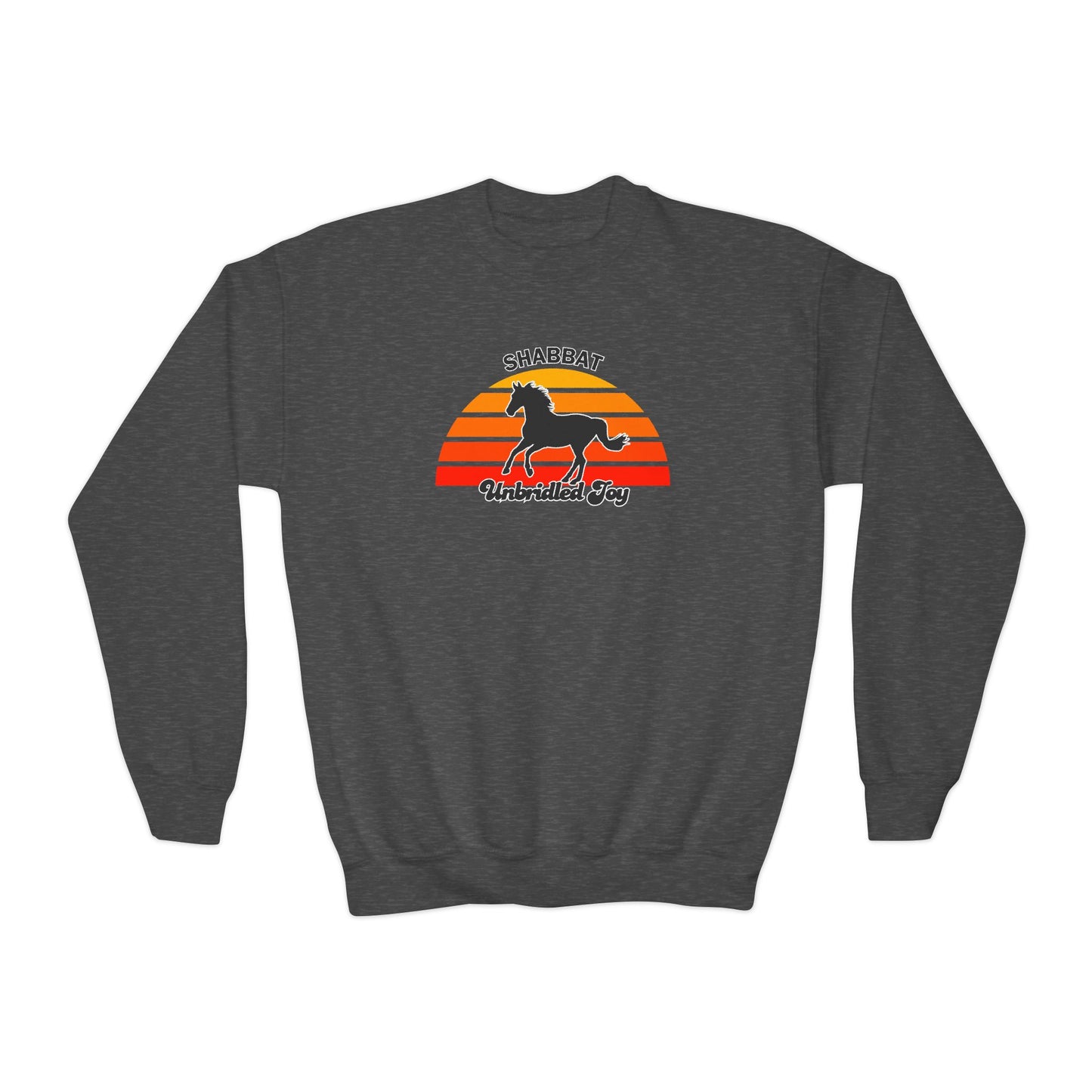 Youth Crewneck Sweatshirt — "Shabbat: Unbridled Joy" Retro Sunset Horse Design