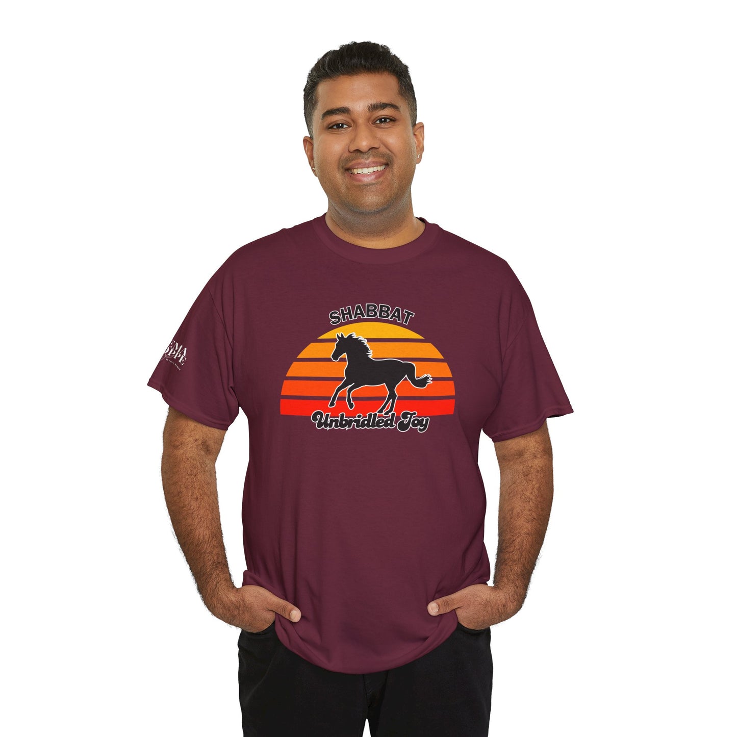Shabbat Unbridled Joy Tee — Retro Horse Sabbath Sunset T‑Shirt