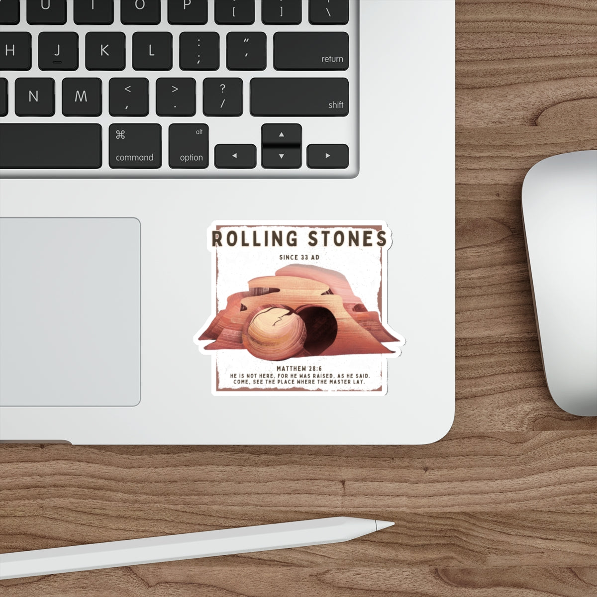 Rolling Stones Since 33 AD Die-Cut Sticker — Resurrection Tomb Illustration with Matthew 28:6