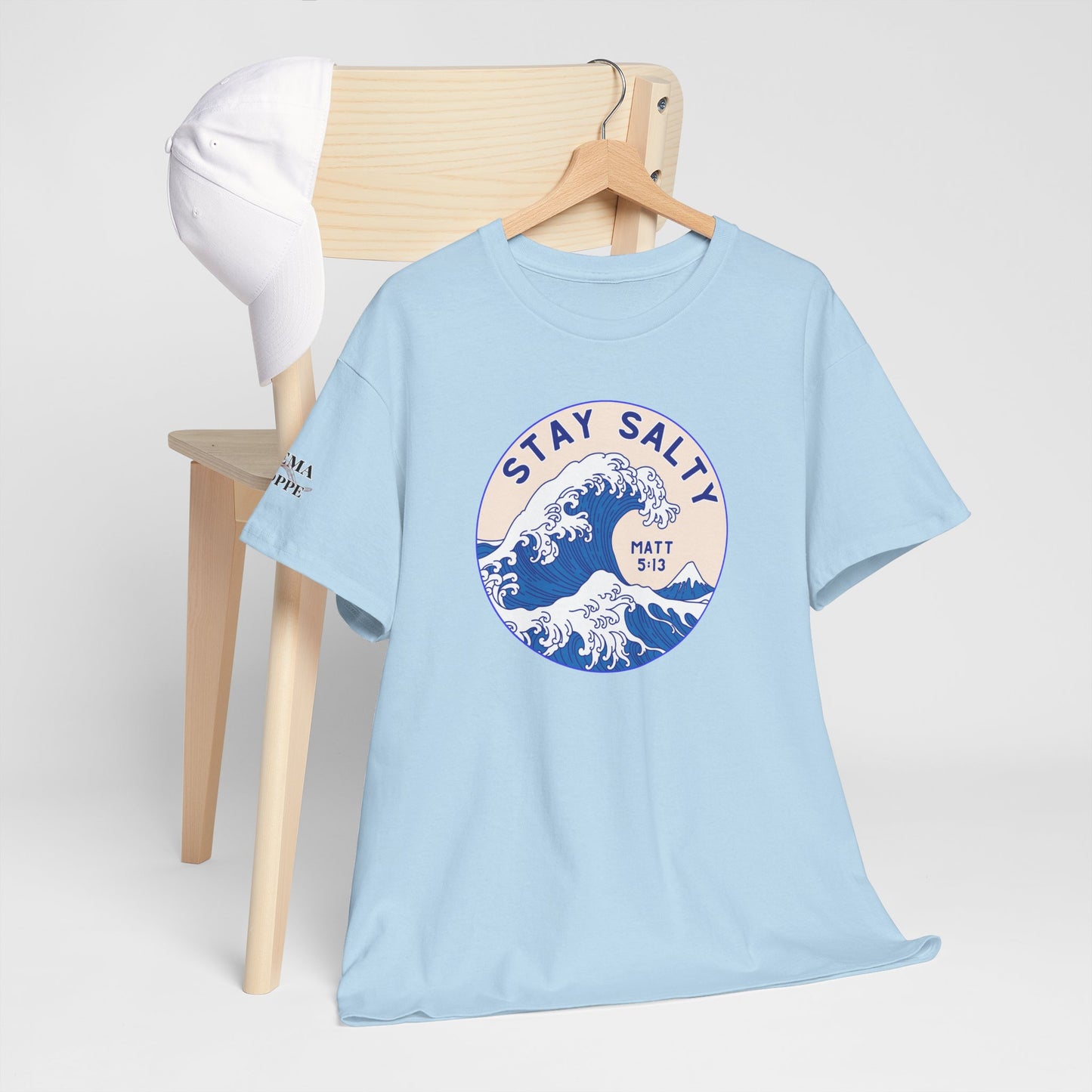 Stay Salty Surf T-Shirt — Coastal Wave Graphic with Matthew 5:13 (Hokusai-Inspired)