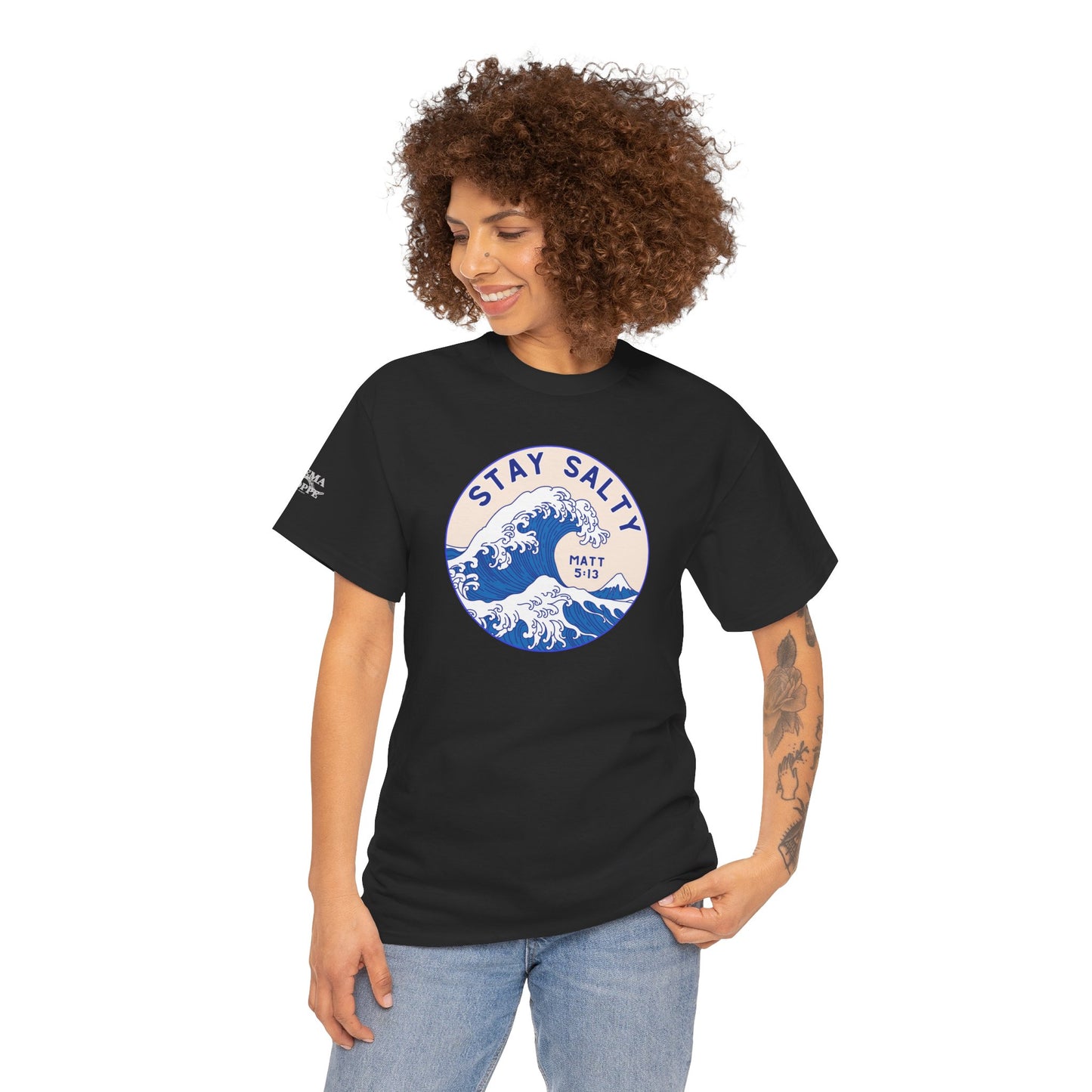 Stay Salty Surf T-Shirt — Coastal Wave Graphic with Matthew 5:13 (Hokusai-Inspired)