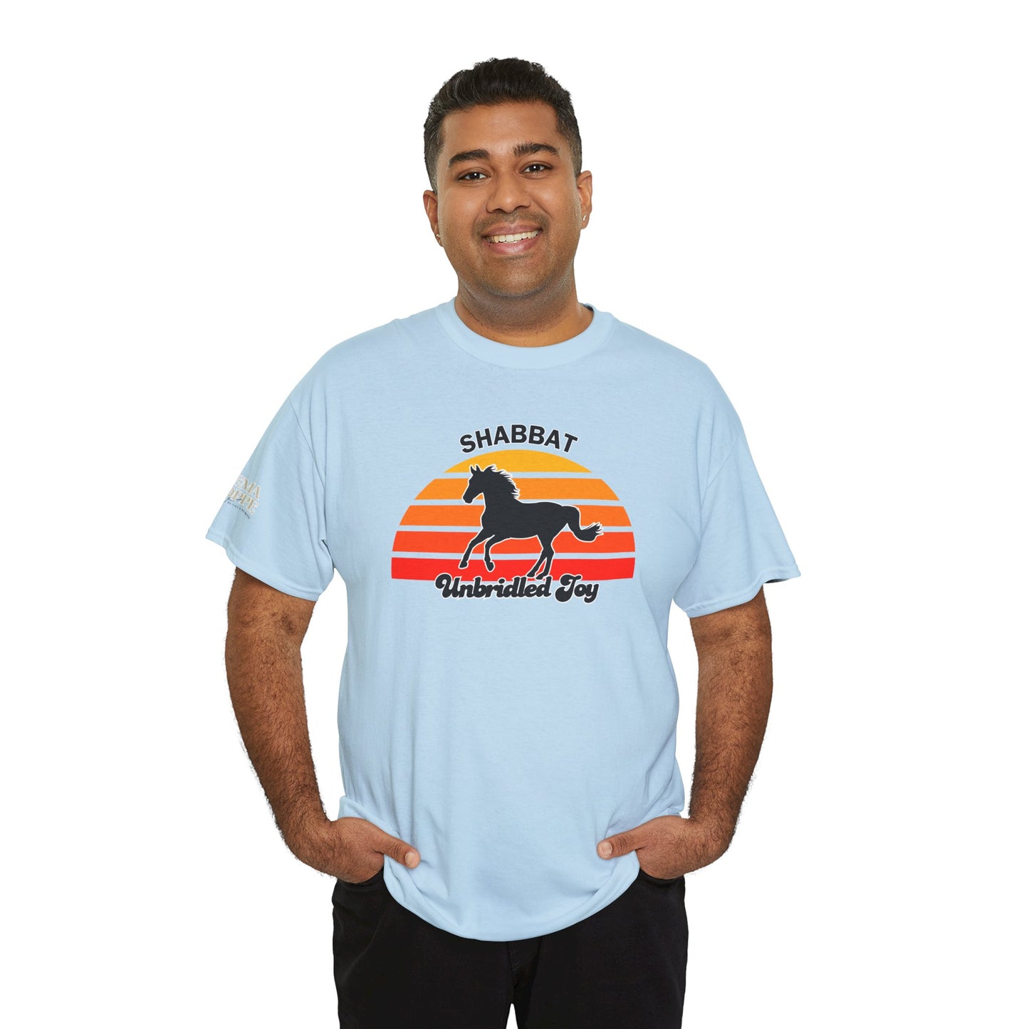 Shabbat Unbridled Joy Tee — Retro Horse Sabbath Sunset T‑Shirt
