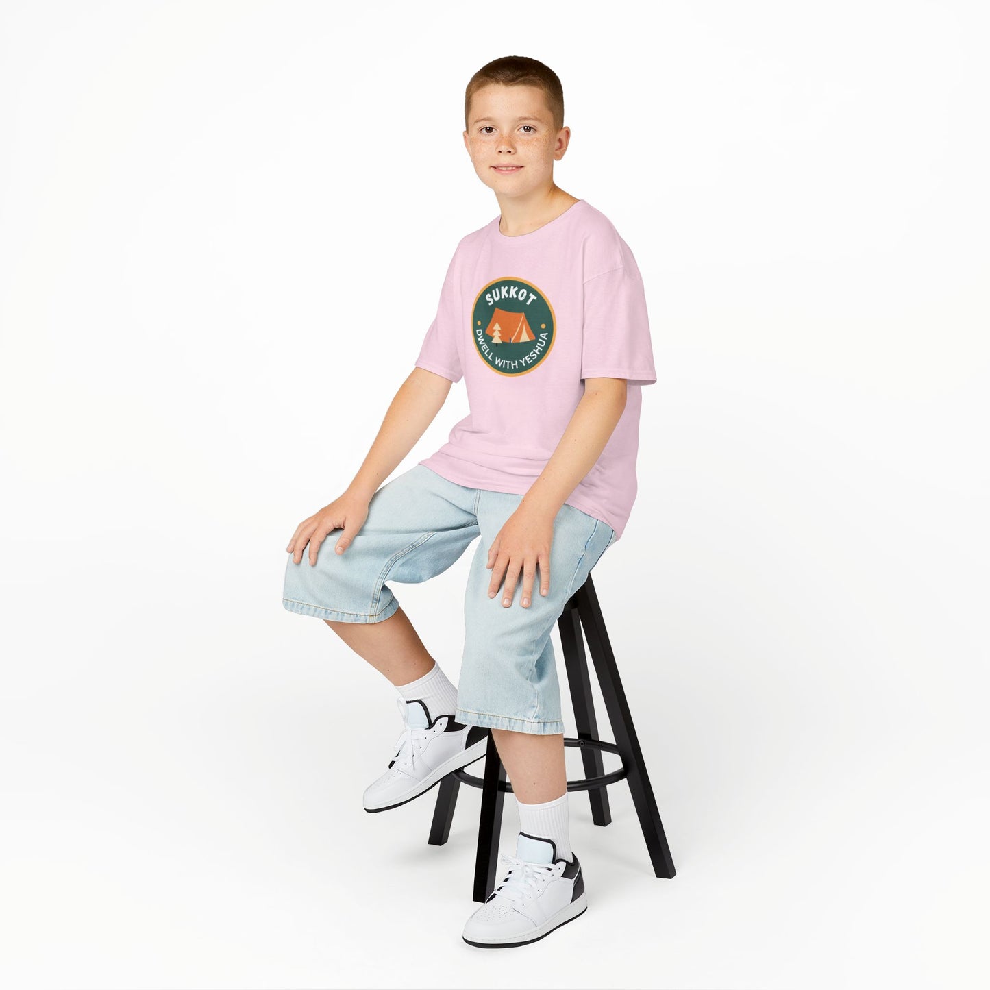 Kids Sukkot Tee — 'Sukkot - Dwell with Yeshua' Camping Badge Shirt
