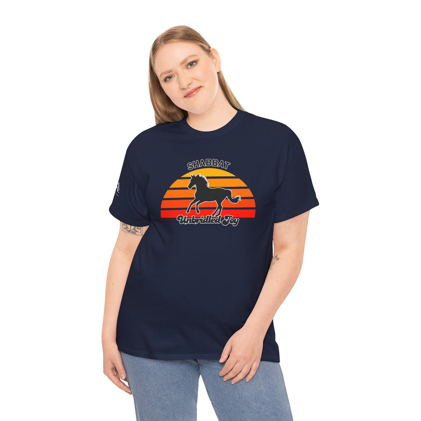 Shabbat Unbridled Joy Tee — Retro Horse Sabbath Sunset T‑Shirt