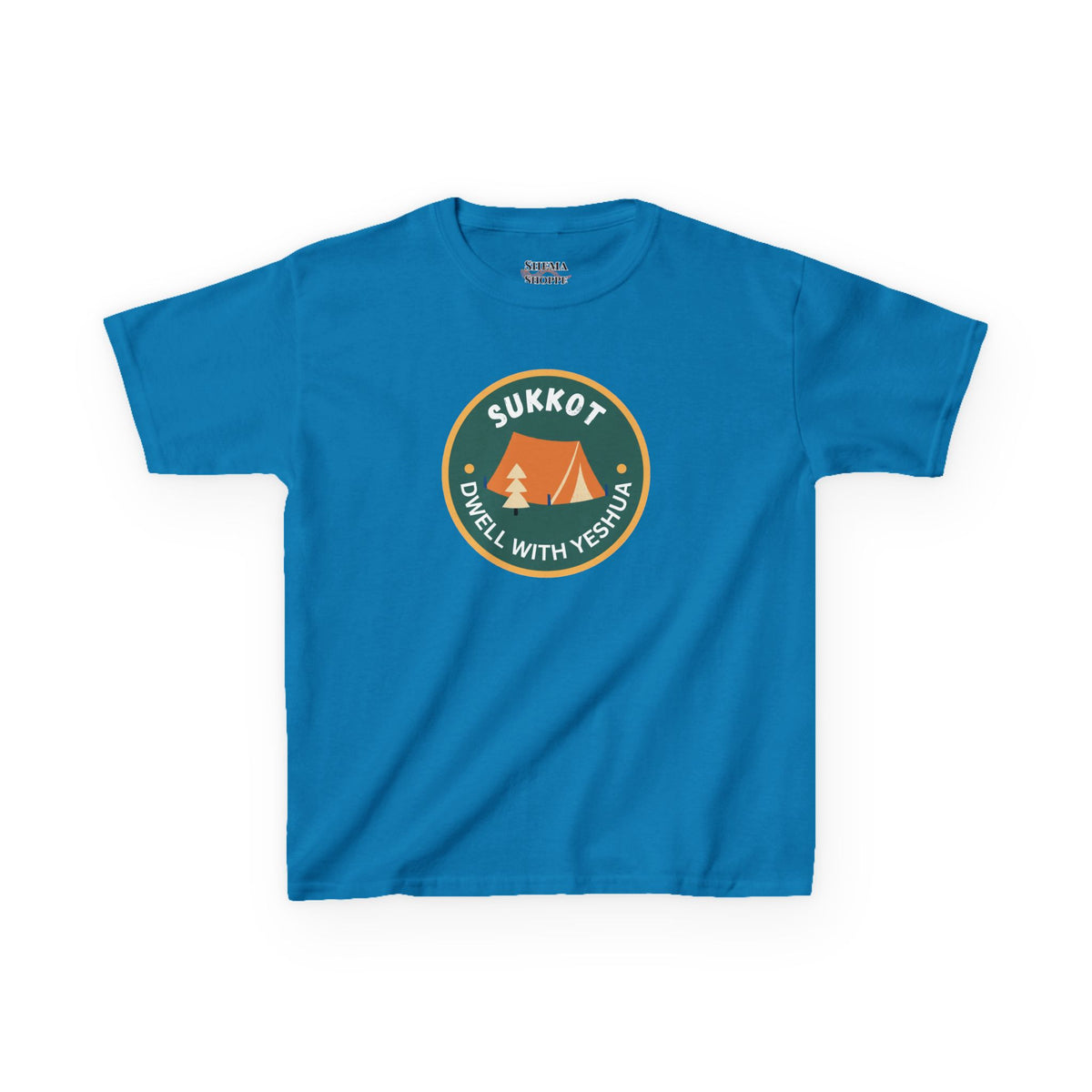 Kids Sukkot Tee — 'Sukkot - Dwell with Yeshua' Camping Badge Shirt