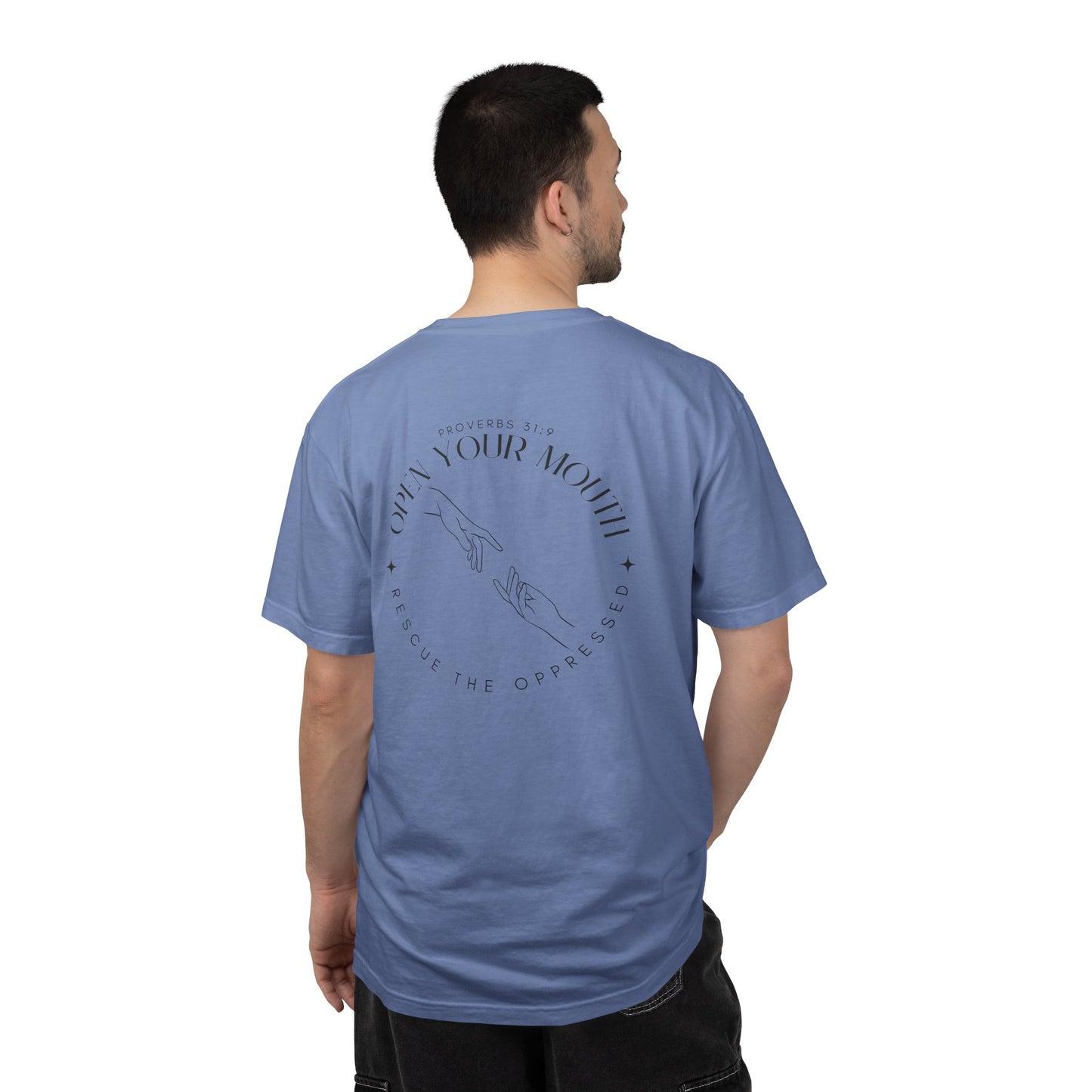 Open your Mouth Garment-Dyed T-Shirt — Rescue the Oppressed Back Print