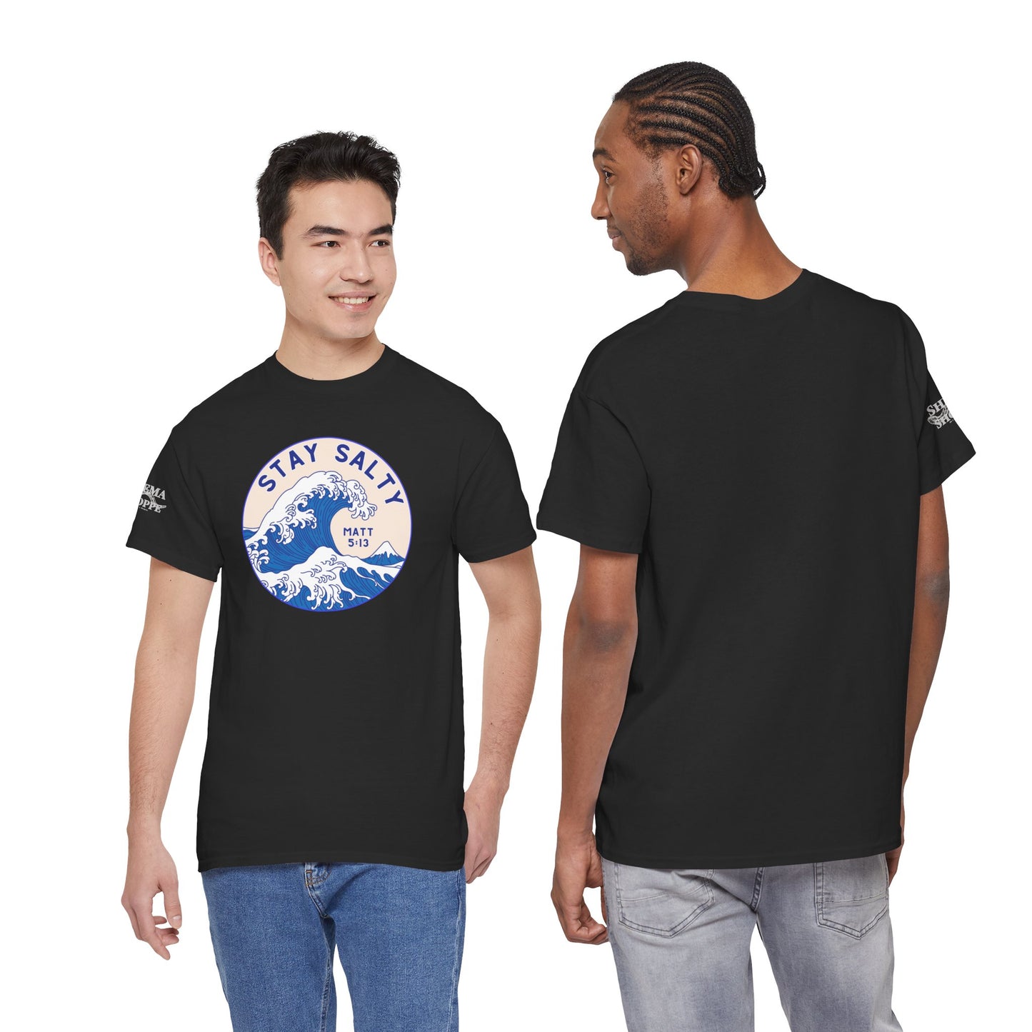 Stay Salty Surf T-Shirt — Coastal Wave Graphic with Matthew 5:13 (Hokusai-Inspired)