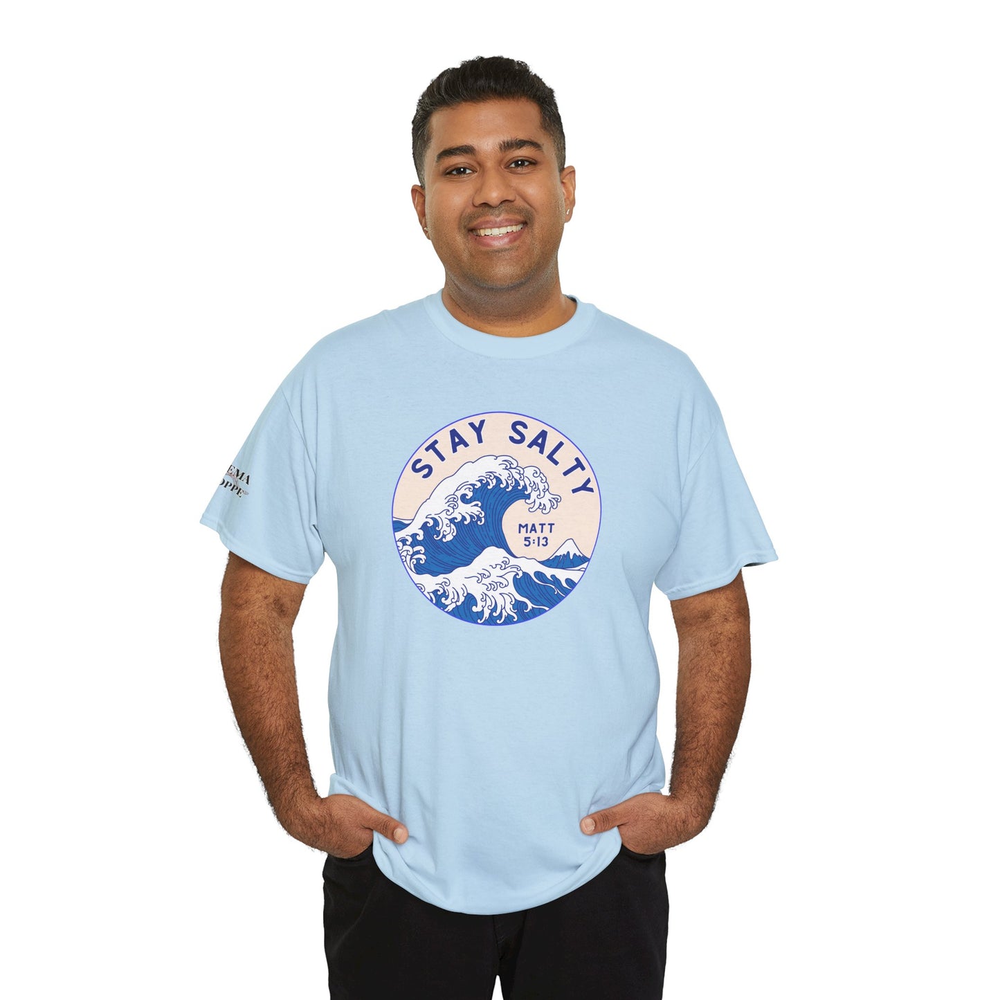 Stay Salty Surf T-Shirt — Coastal Wave Graphic with Matthew 5:13 (Hokusai-Inspired)