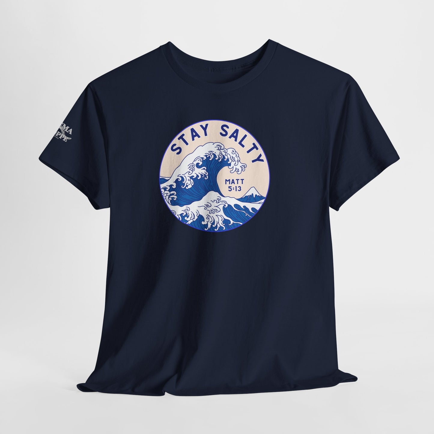 Stay Salty Surf T-Shirt — Coastal Wave Graphic with Matthew 5:13 (Hokusai-Inspired)
