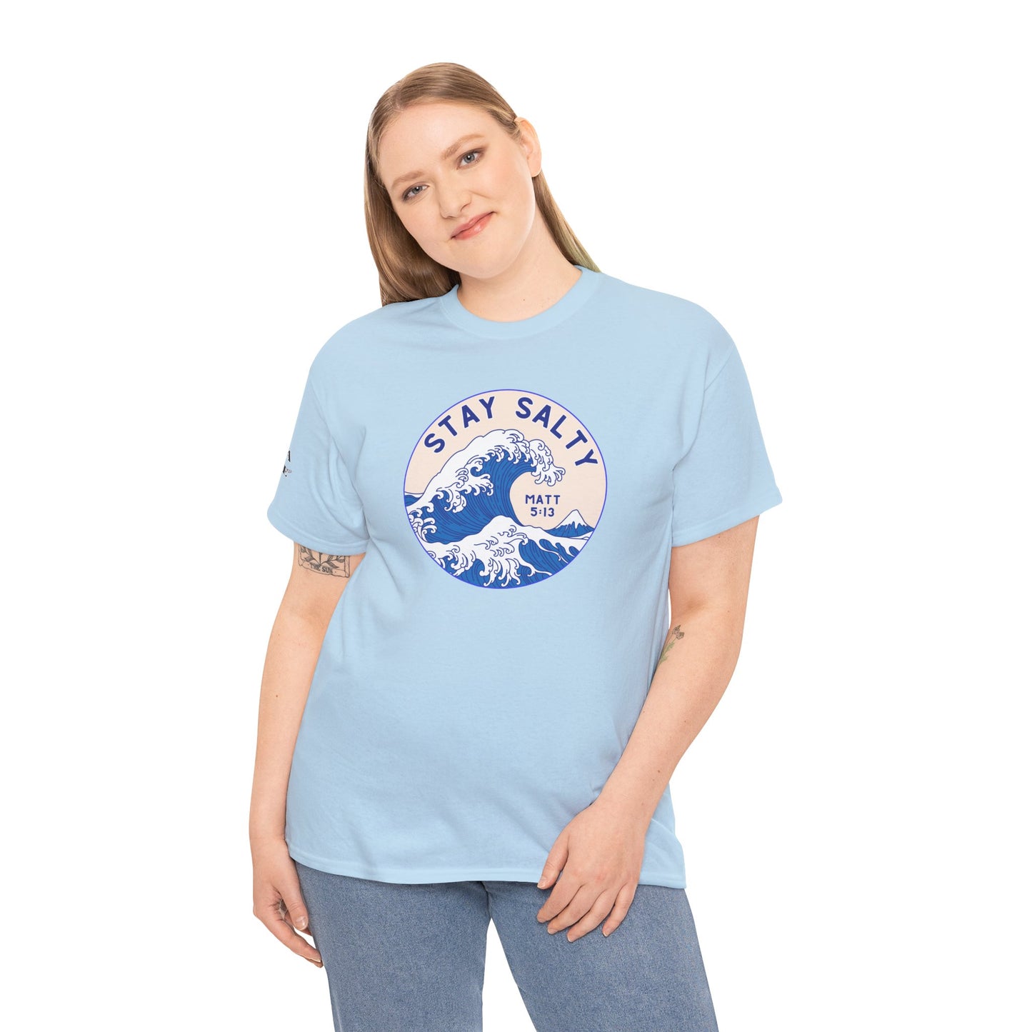 Stay Salty Surf T-Shirt — Coastal Wave Graphic with Matthew 5:13 (Hokusai-Inspired)