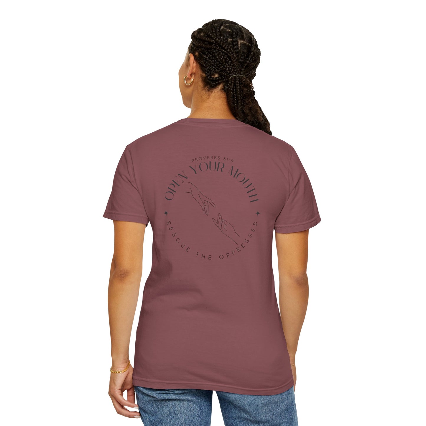 Open your Mouth Garment-Dyed T-Shirt — Rescue the Oppressed Back Print