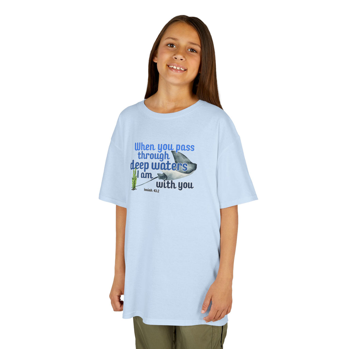 "When you pass through deep waters I am with you" Stingray Bible Verse Shirt Kid's Shirt